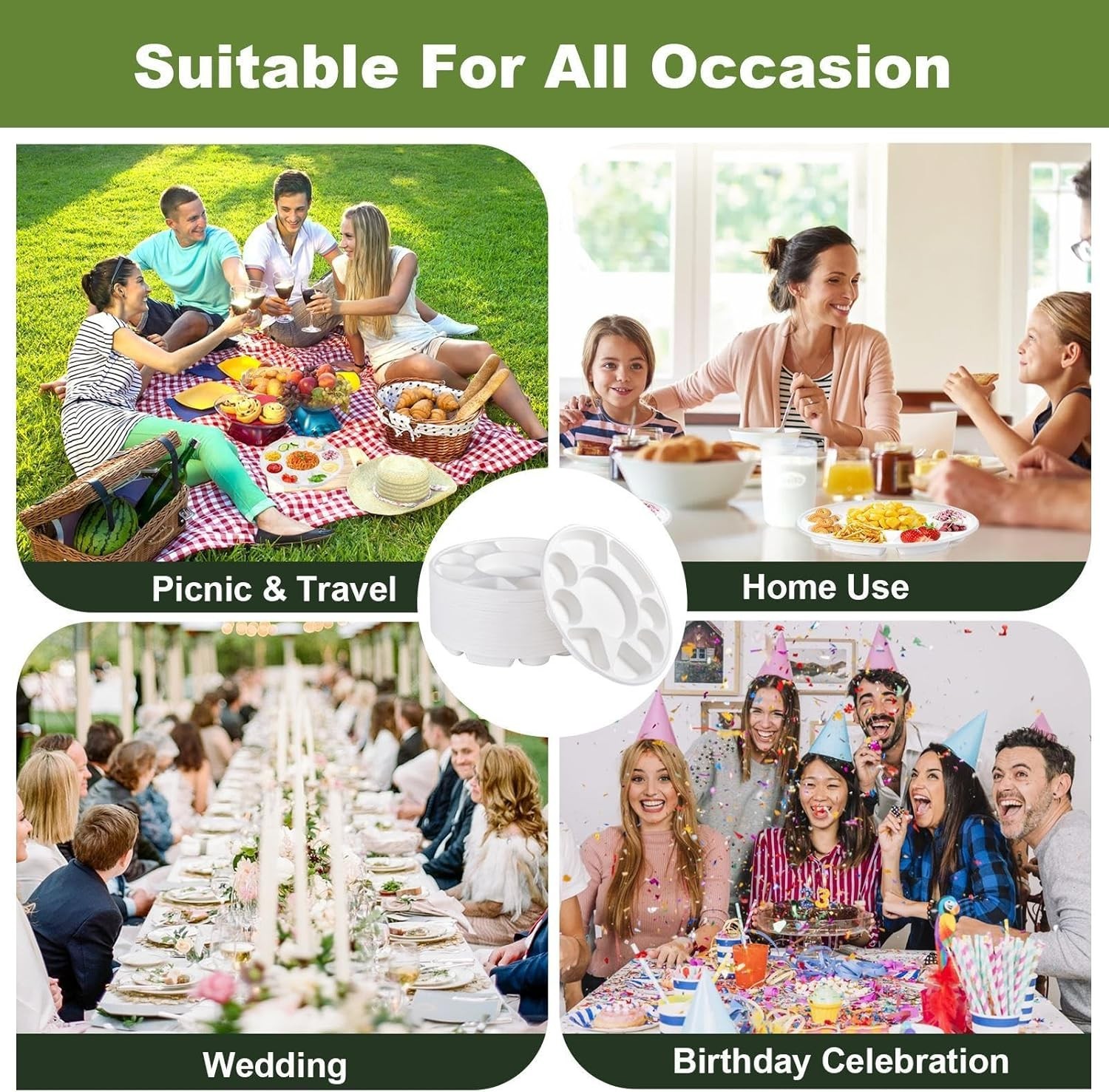 (100/Count) 100% Compostable 9 Compartment Bagasse Meal Tray, White