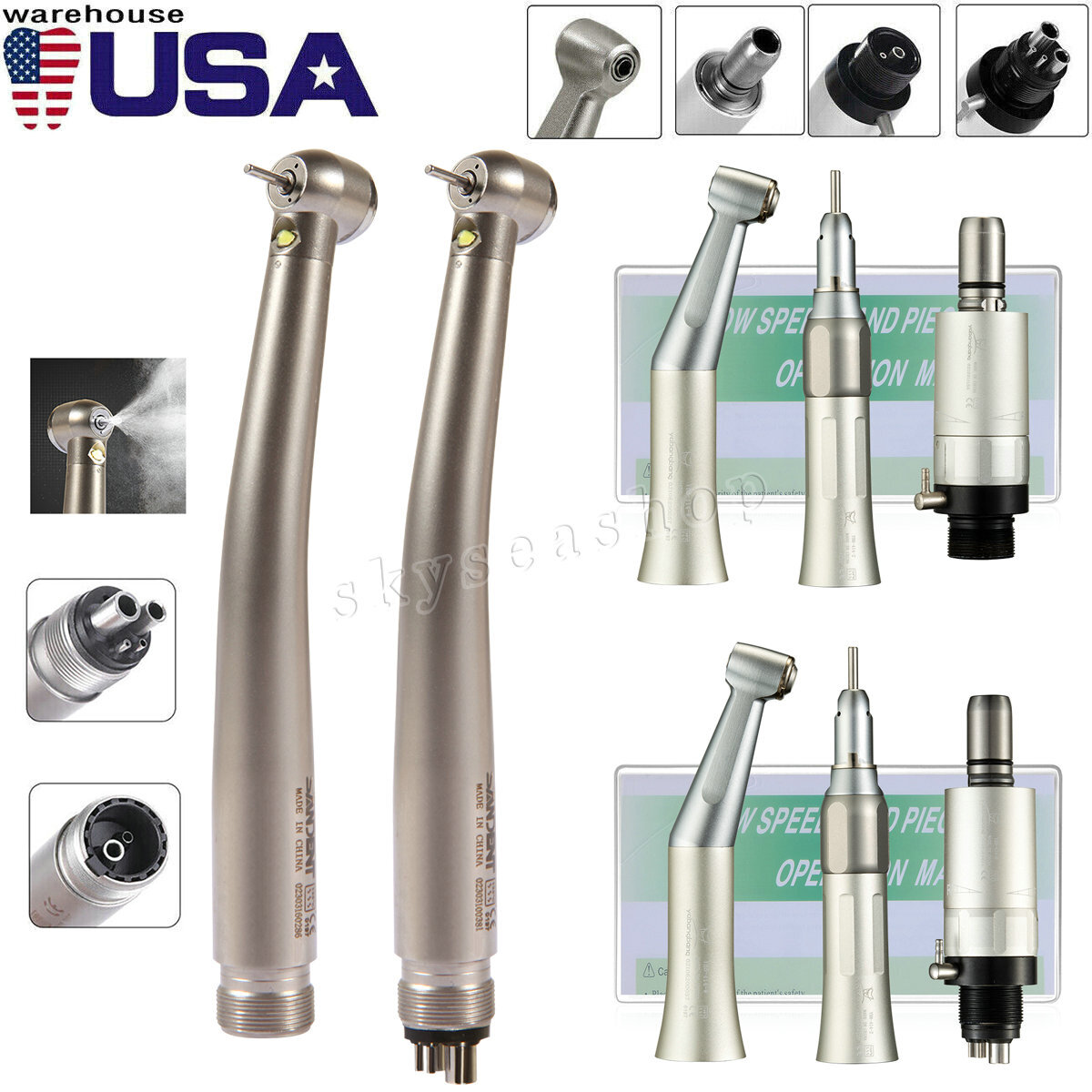 NSK Style Dental High/Low Speed Handpiece Kit E-generator LED Turbine 2/4Hole DM