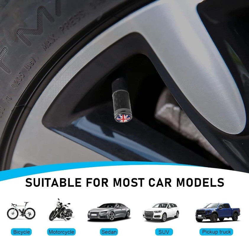 4 PCS Car Tire Valve Stem Caps, Leakproof Auto Rim W Size: UK FlagColor: Black