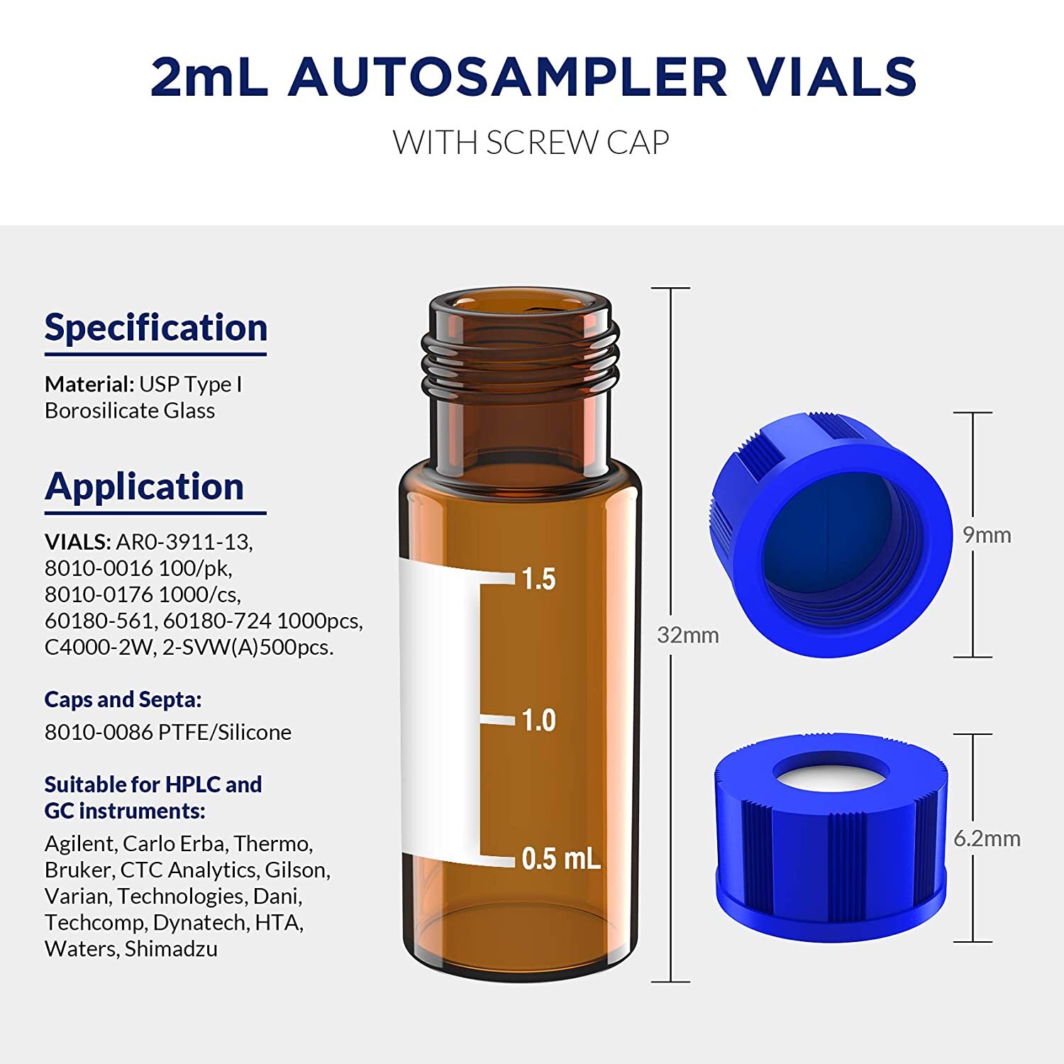 2mL Autosampler Amber Vial Pre-slit Cap PTFE Silicone Septa Fit LC Sampler