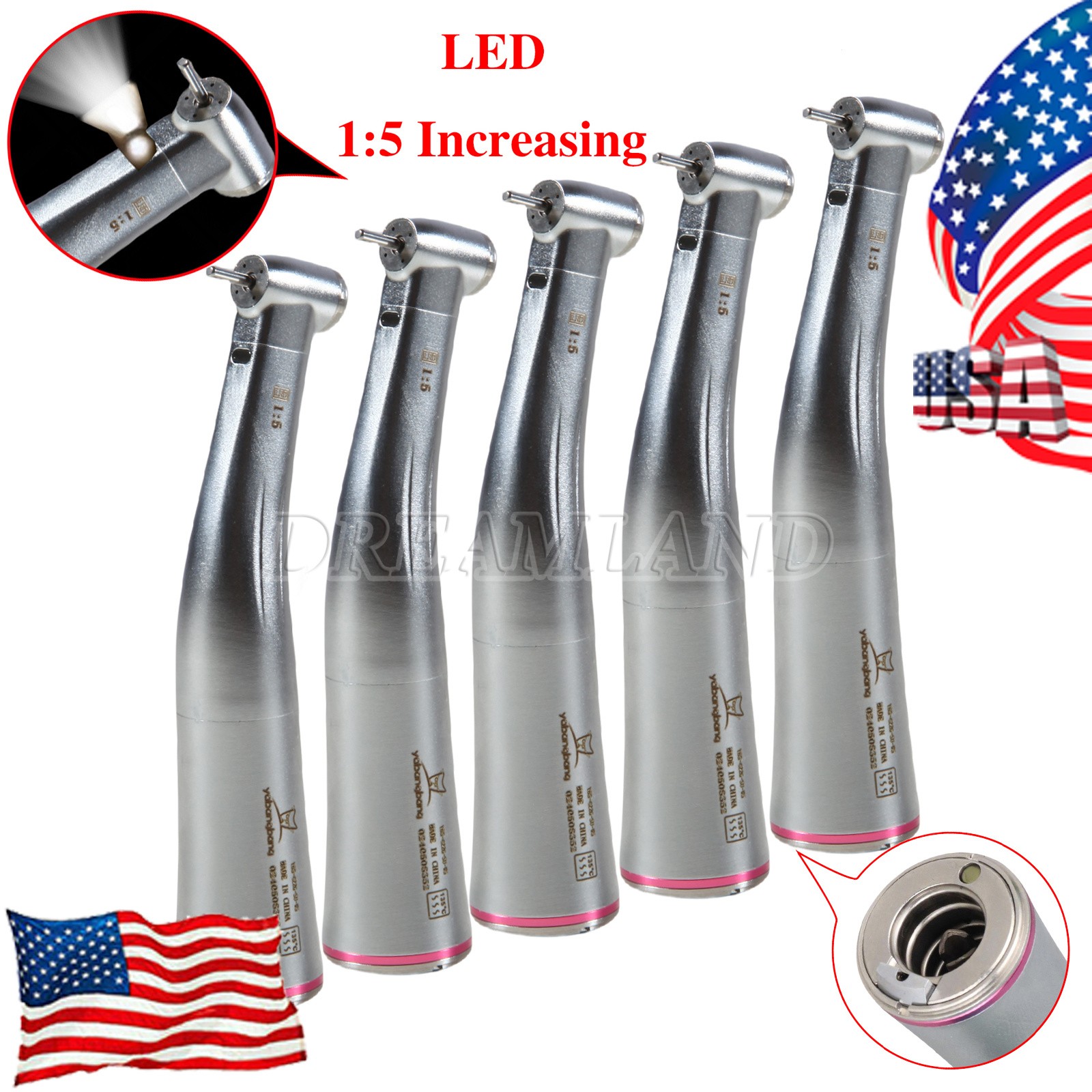 5 pcs Dental 1:5 LED Contra Angle Increasing Handpiece Fit NSK Electric Motor