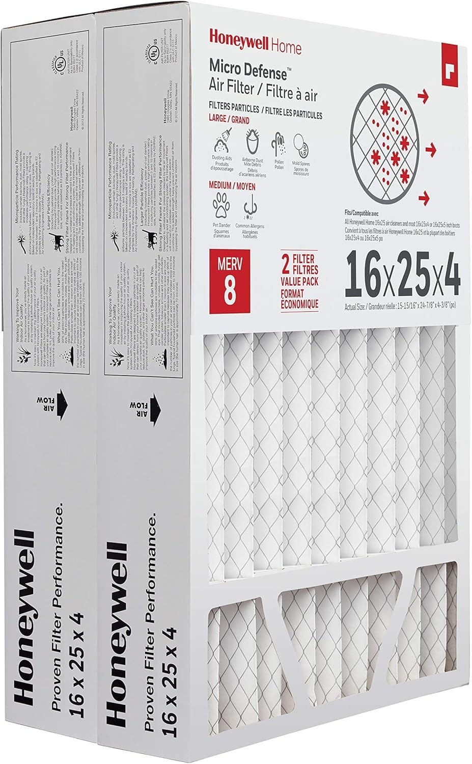 Honeywell 16x25x4 Pleated Furnace Air Filter FPR 8 MERV 8 HVAC Filter 2 Pack