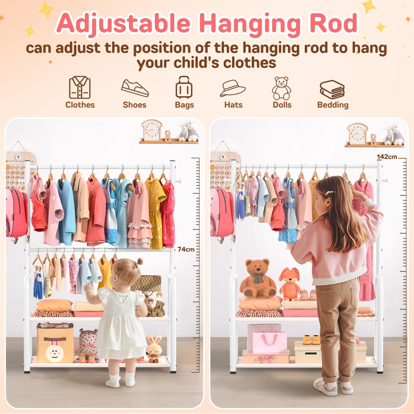 ZHKINGGS Kids Clothing Rack with 2-Layer 29.53″W x 13.58″D x 55.9″H, White