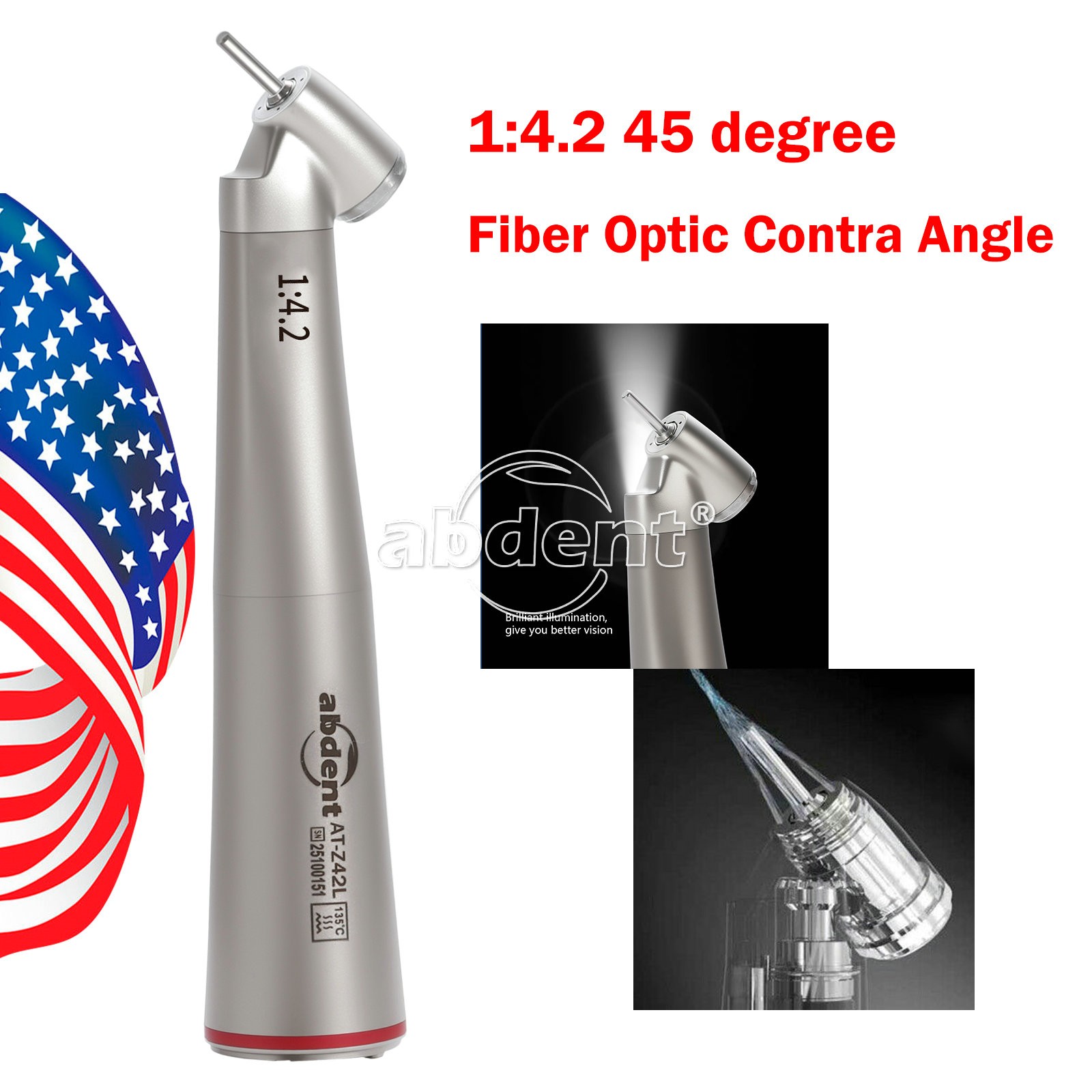 AbDent Dental 45° Contra Angle LED Optic 1:4.2 Handpiece Quattro Spray AT