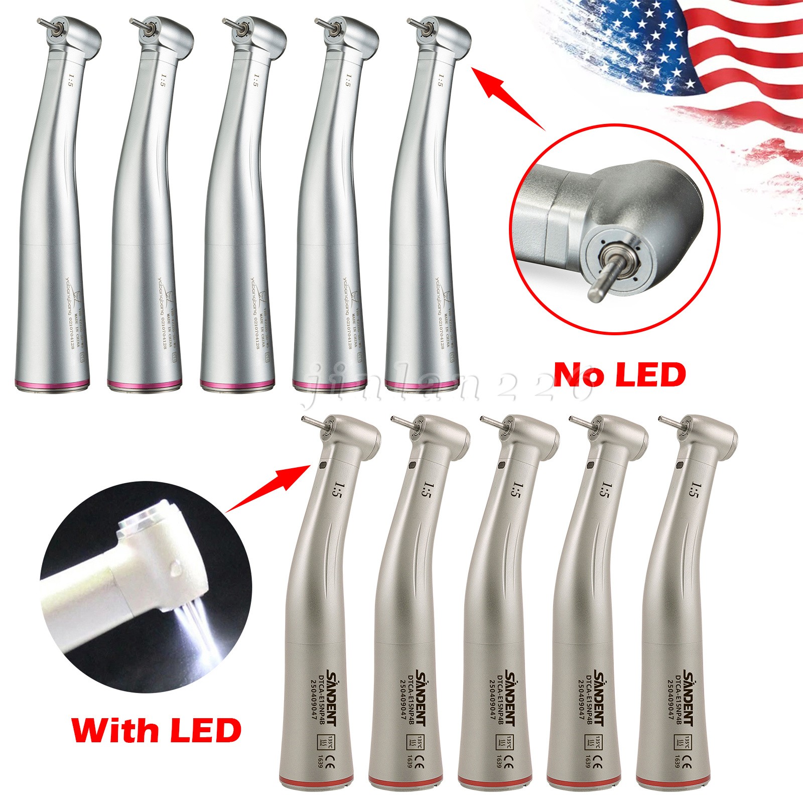 Dental 1:5 LED Fiber Optic Contra Angle Handpiece Red Ring fit NSK Ti-MAX X95L