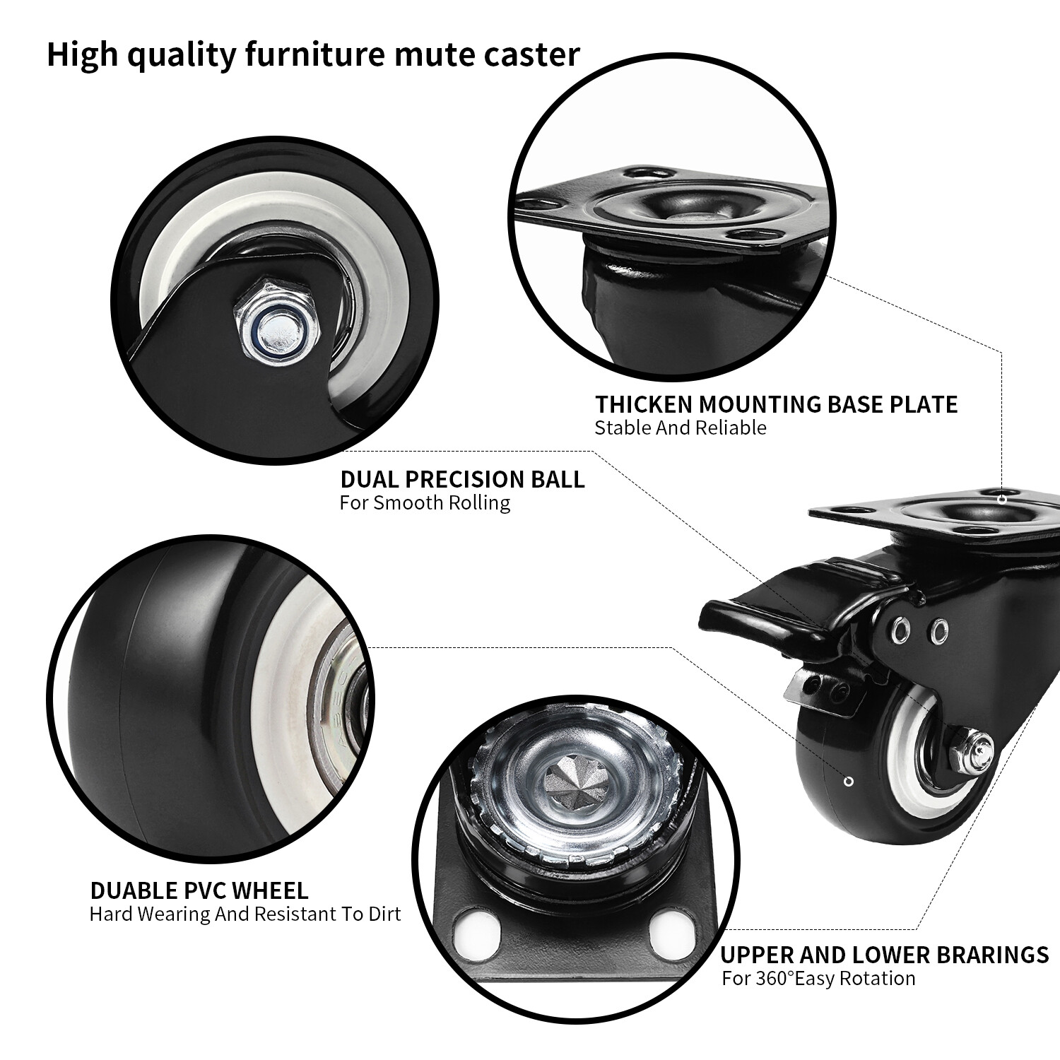 4 Units 2 inches Heavy Duty Universal Caster Wheels With Brake Swivel Top Plate