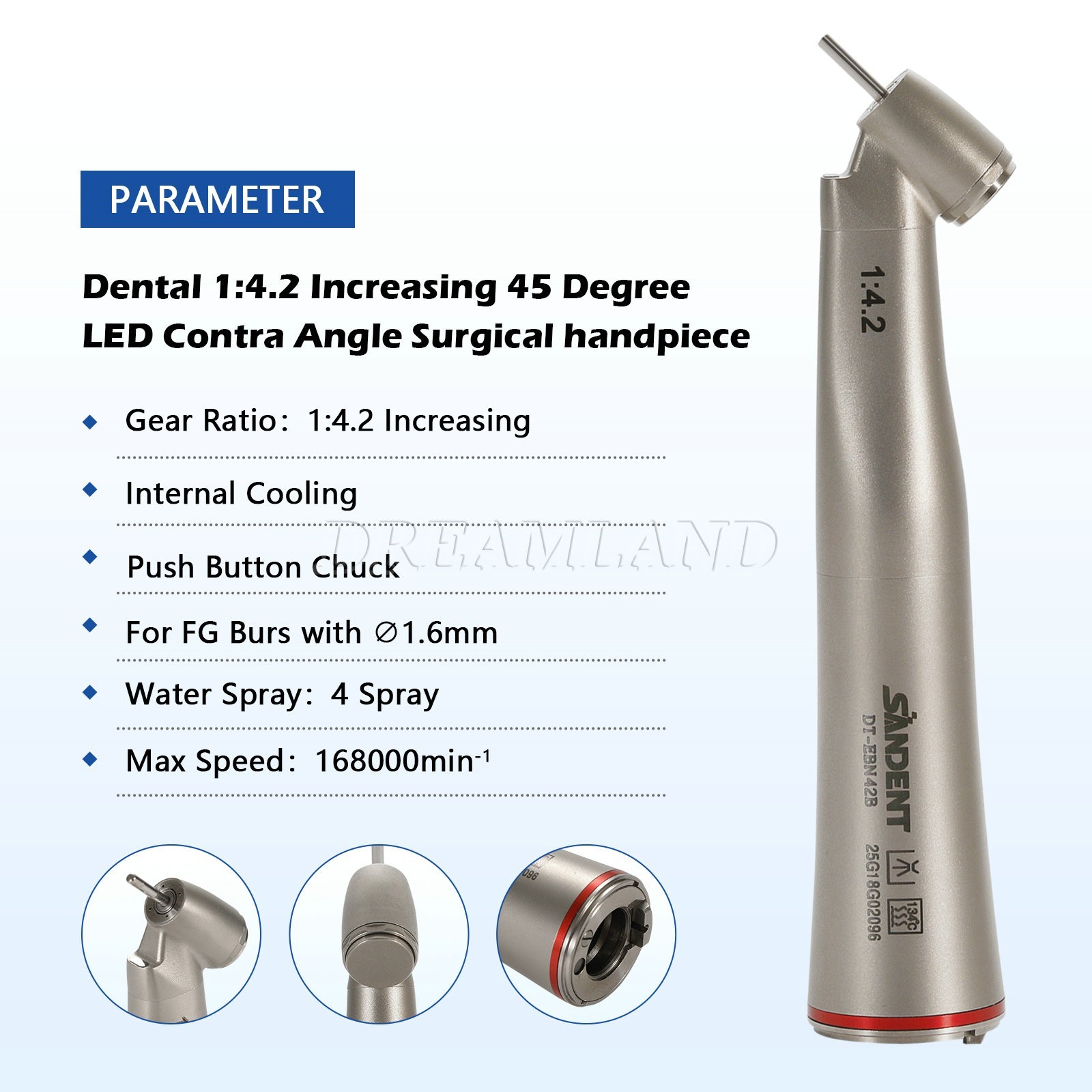 Dental 45° Angle inner Channel contra angle fiber optic LED 1:4.2 handpiece USA