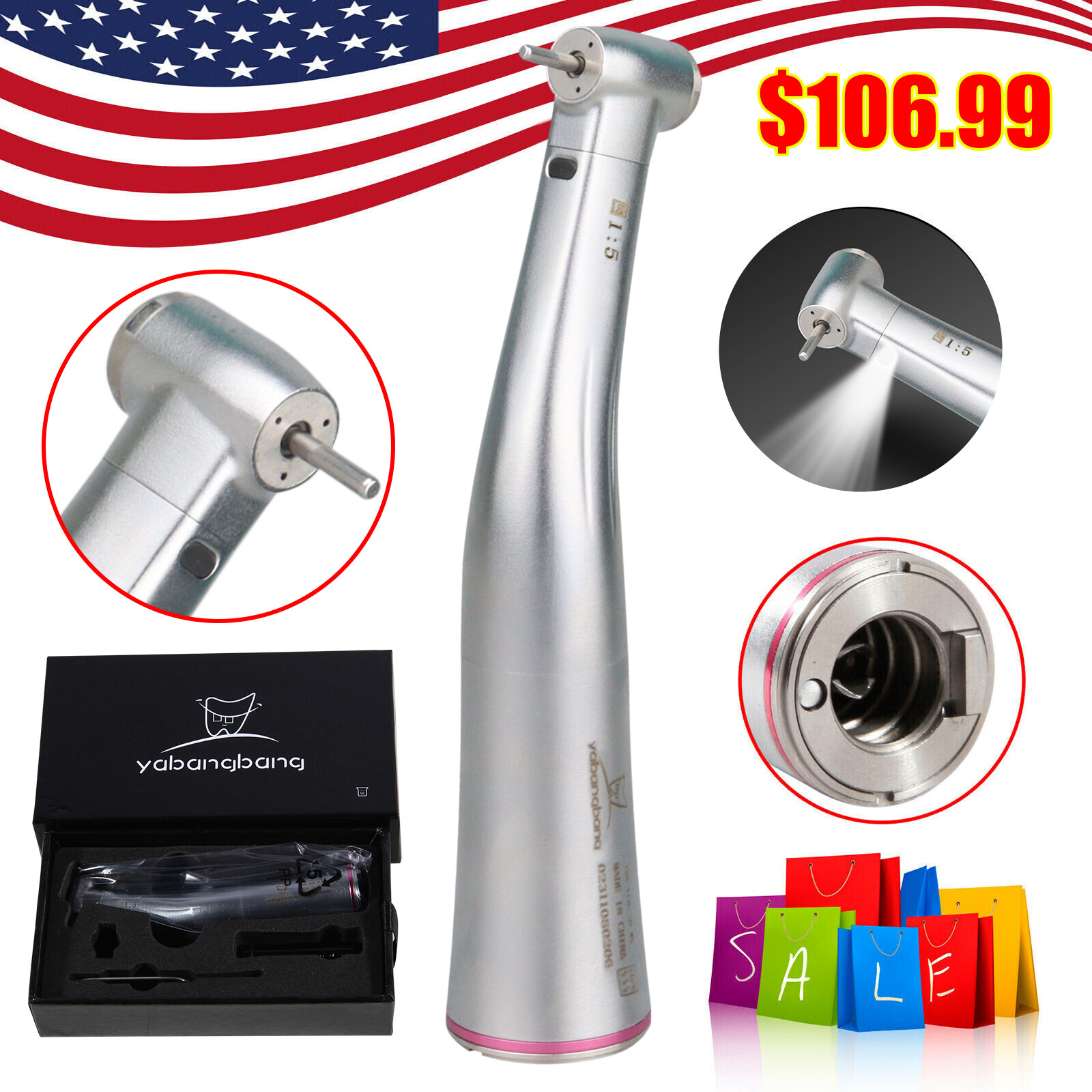 Dental 1:5 Increasing LED Fiber Optic Contra Angle 4 Spray Fit NSK X95L Ti-Max