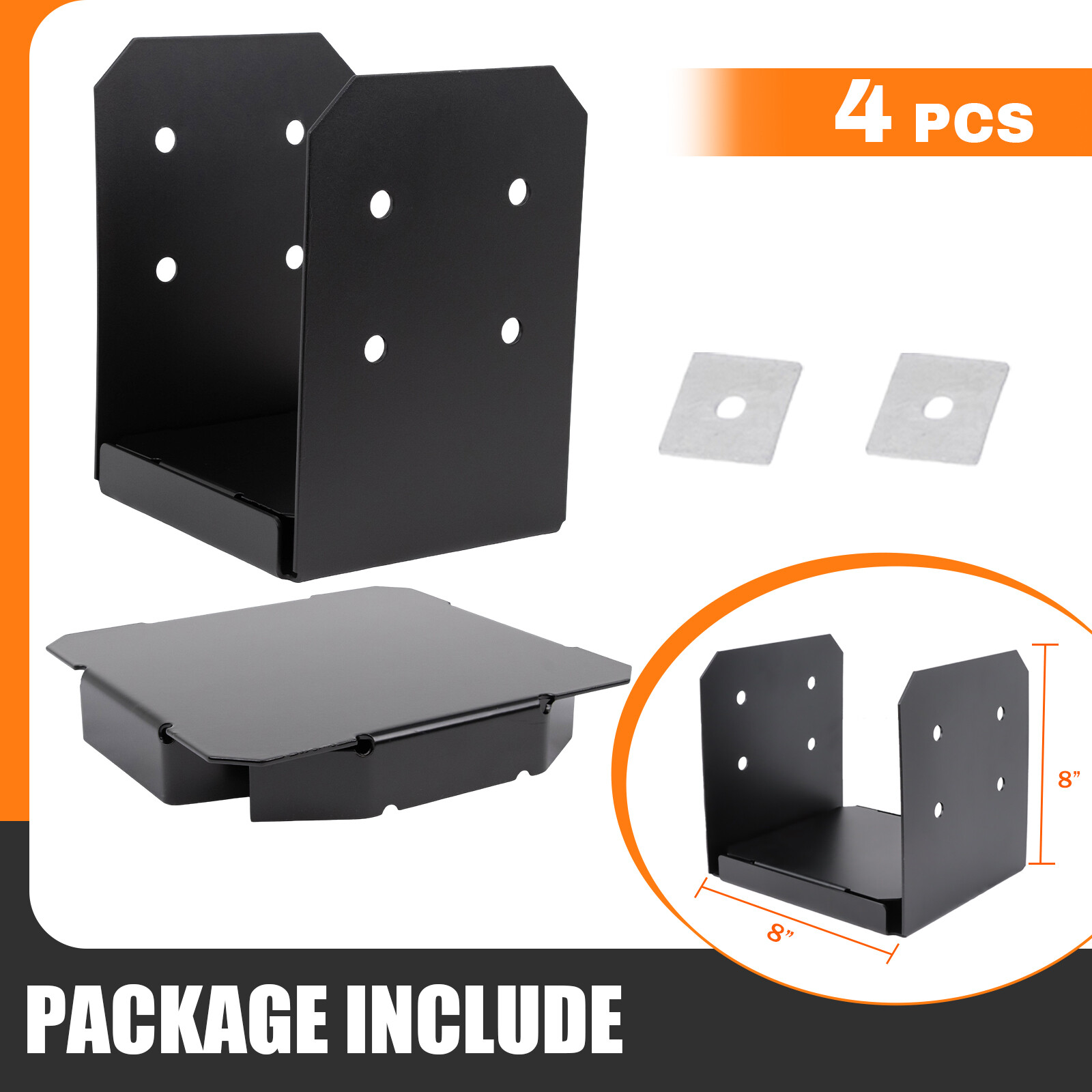 4PACK 8×8 Post Base Bracket for Pergola, Black Powder Coated Steel with Standoff