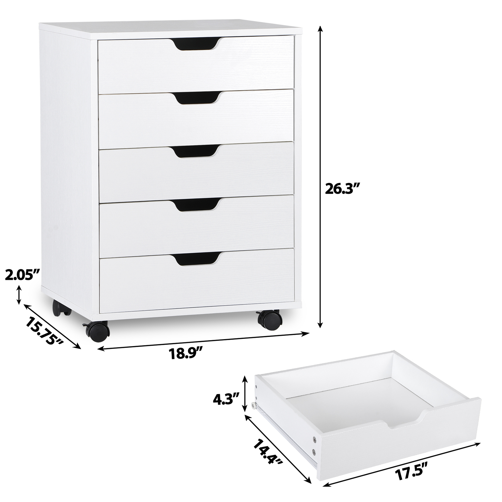 5 Drawer Dresser Rolling Clothing Storage Chest Beside Wall Mobile Store Clothes