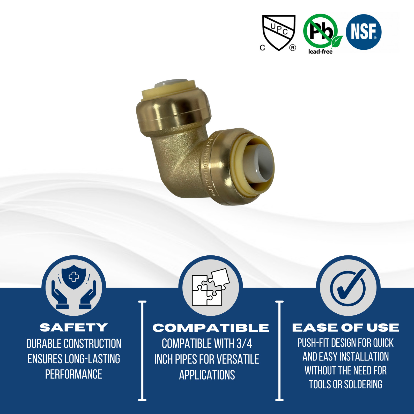 10 PIECES 3/4″ X 3/4″ PUSH FIT ELBOWS FITTINGS – LEAD FREE BRASS