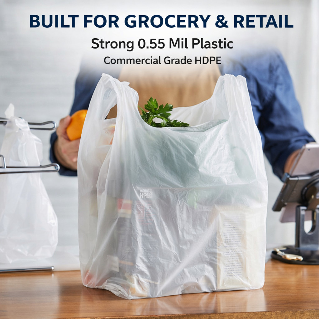 8x4x15 White T-Shirt Grocery Bags 0.55 Mil HDPE Plastic 1/10 Small Bulk