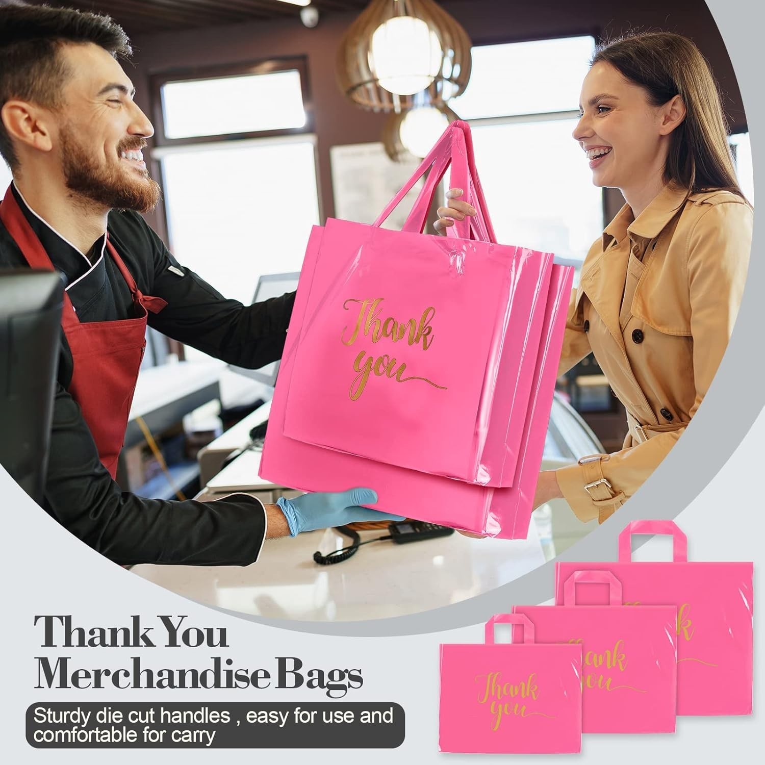 200 Pcs Thanks Bags with Handle Bulk Thank You Merchandise Bags 3 Size Plasti…
