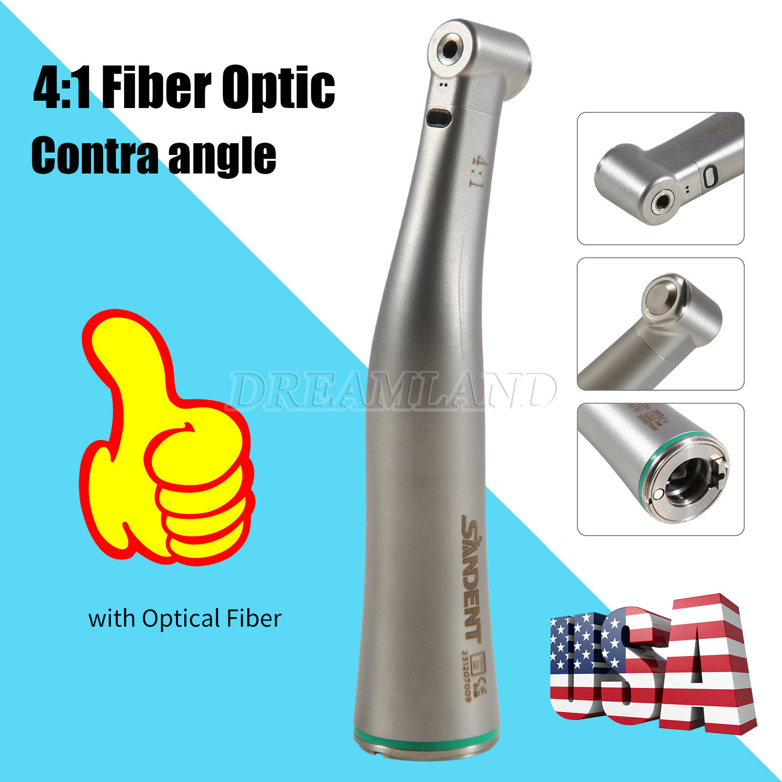Dental 4:1 LED Fiber Optic Contra Angle Handpiece Quattro Spray Internal Channel