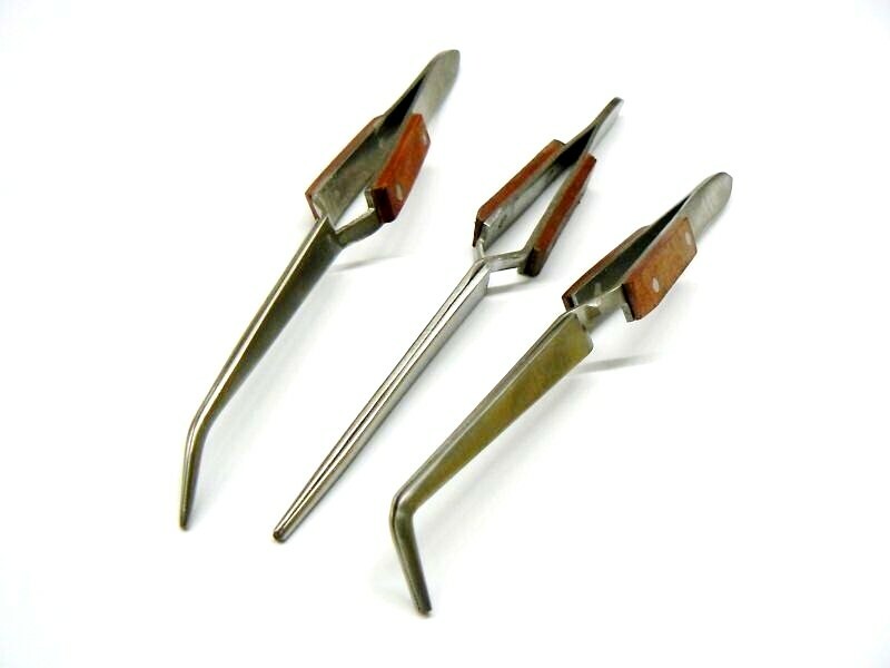 Fiber Grip Cross Lock Tweezers Self Closing 6″ Set – Curved + 90° + Straight Tip