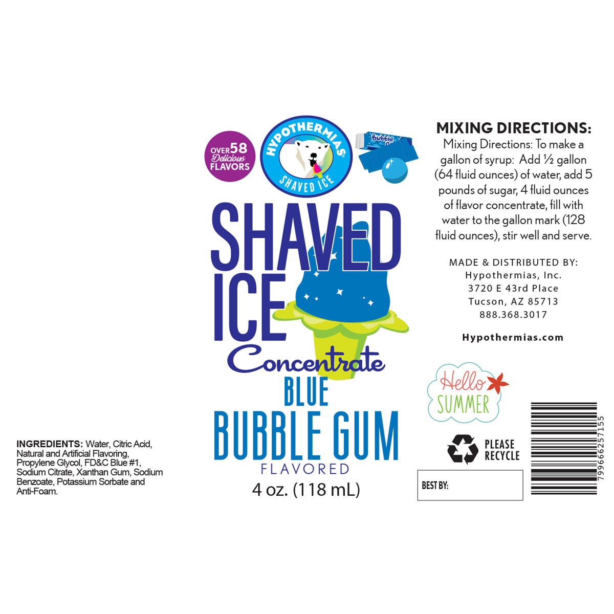Hypothermias BLUE BUBBLE GUM Flavor ? Snow Cone machine Concentrate UNSWEET