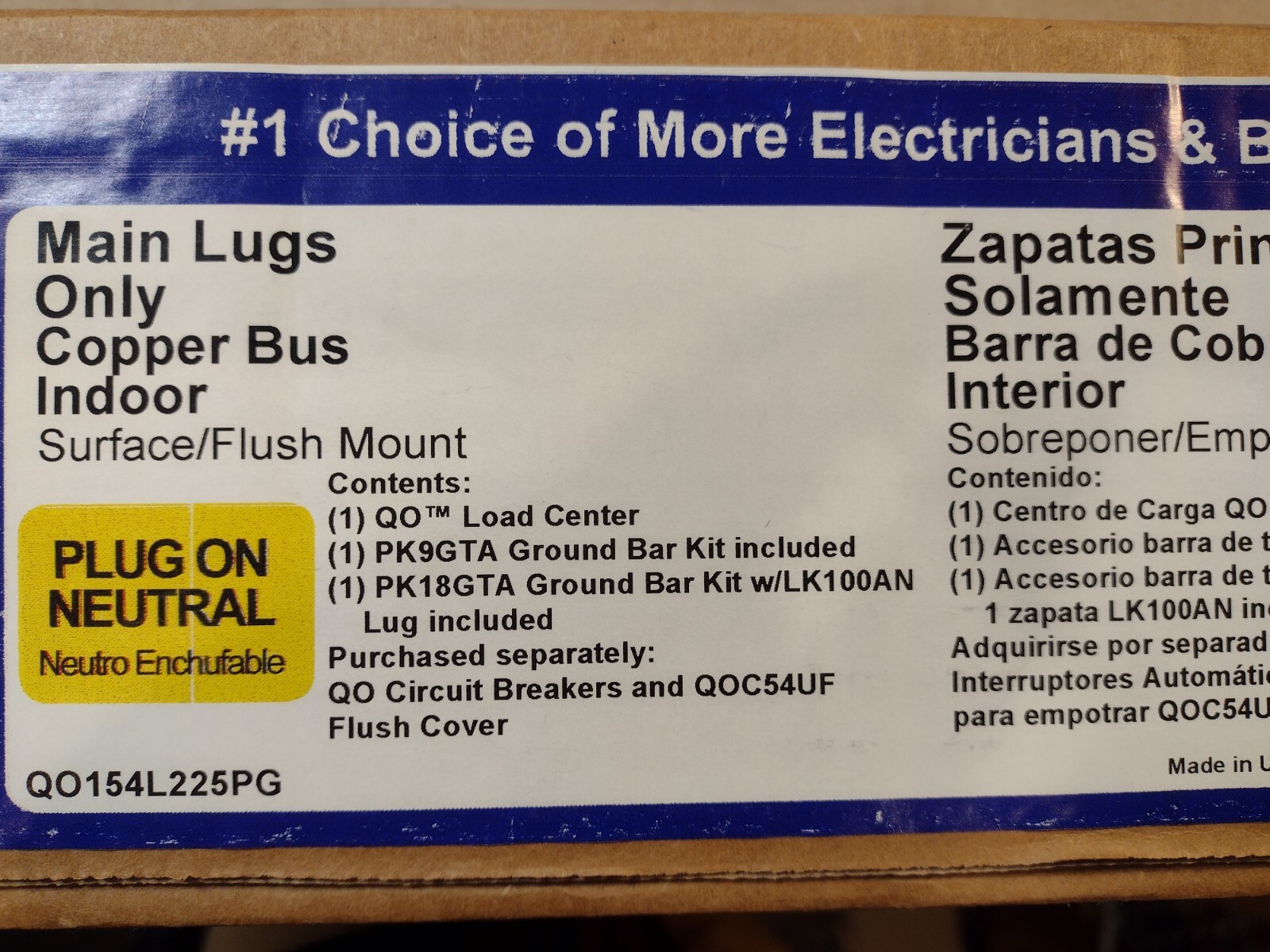 Schneider Square D QO154L225PG, 225A Main Lug Load Center, Plug On Neutral