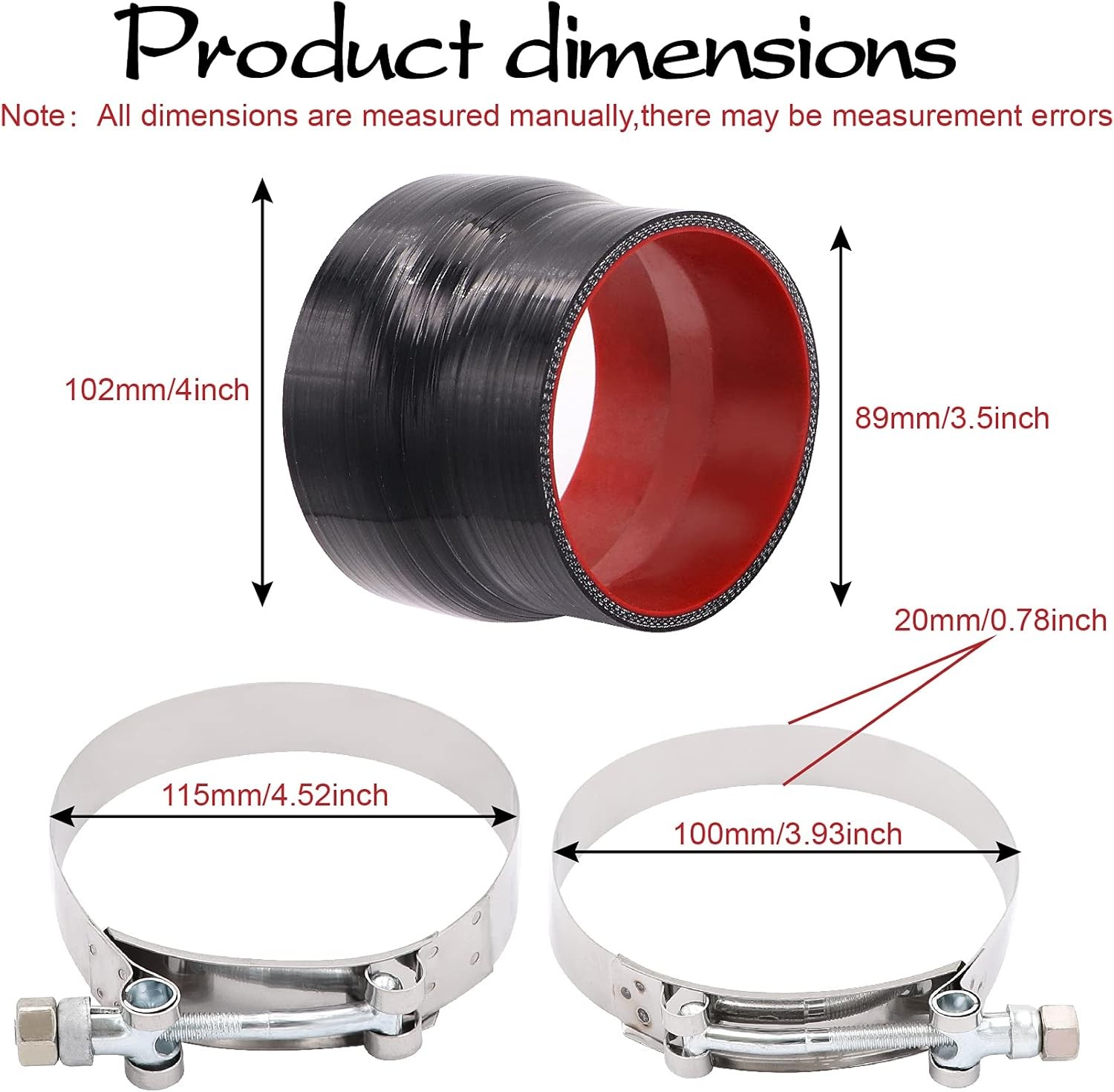 3-1/2 to 4 inches Straight Black Silicone Reducer Coupler with 2 Size: ID3.5-4