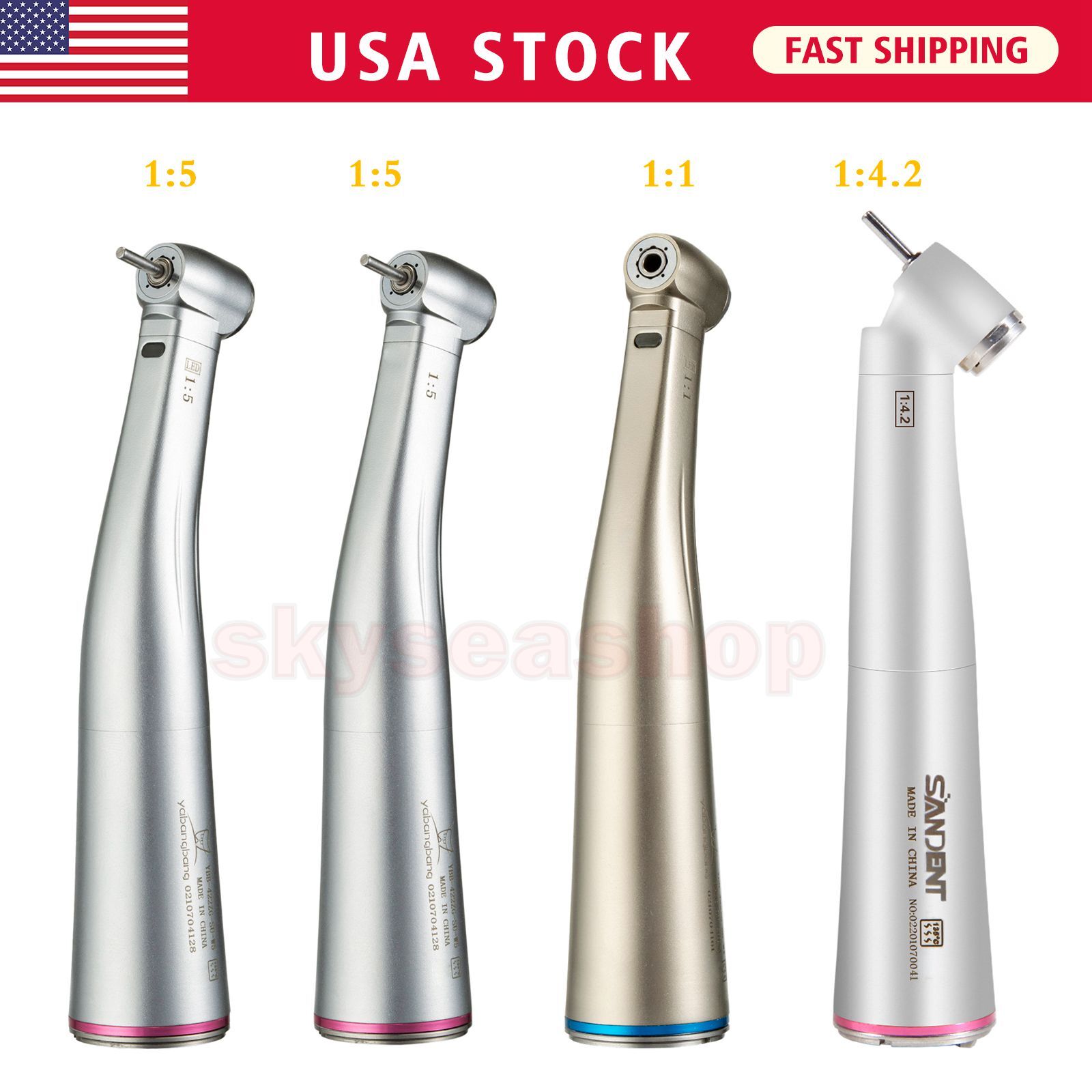 Dental 1:1 /1:4.2/1:5 LED Fiber Optic Contra Angle Handpeice Push Button Fit NSK