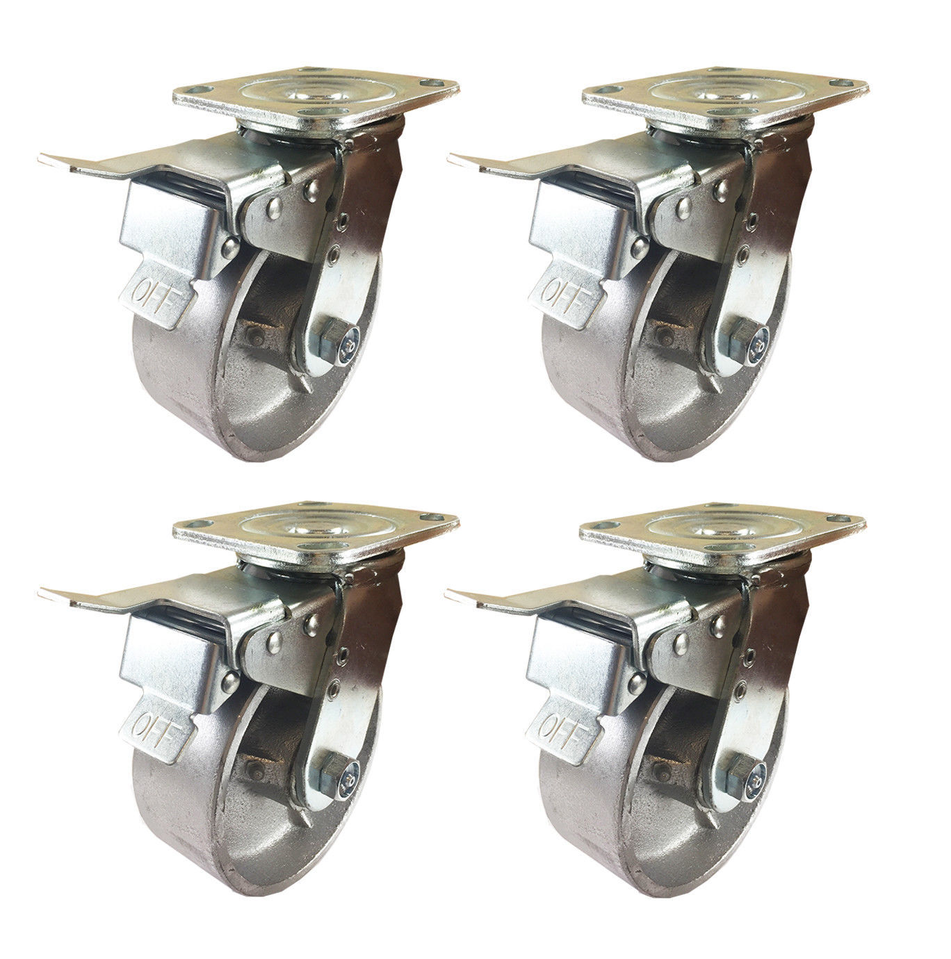 4 Heavy Duty Caster Set 4″ 5″ 6″ 8″ All Steel Wheels Rigid & Total Lock Brake