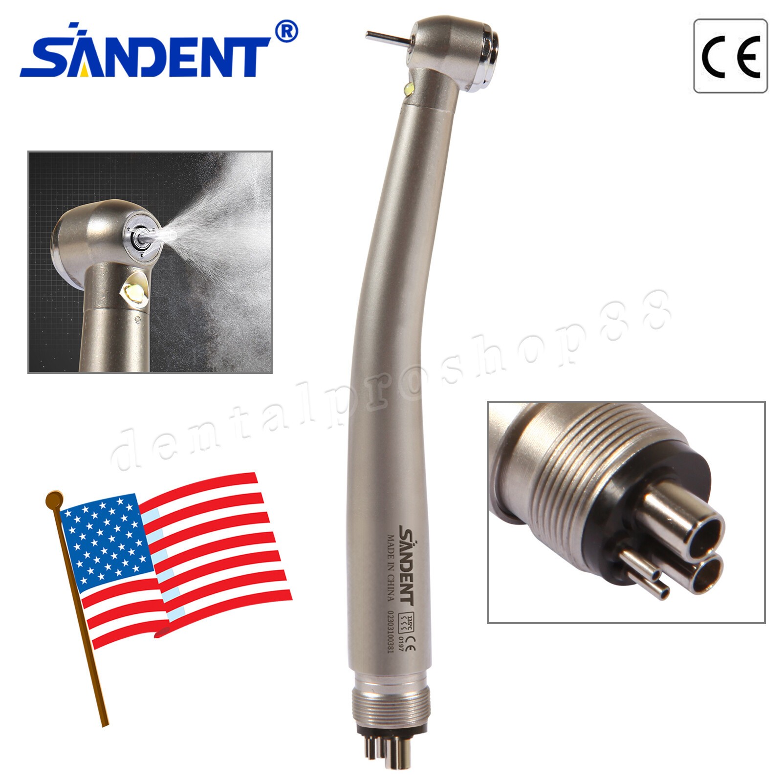 Dental Fiber Optic LED High Speed Handpiece 4Holes Internal triple spray fit Kav
