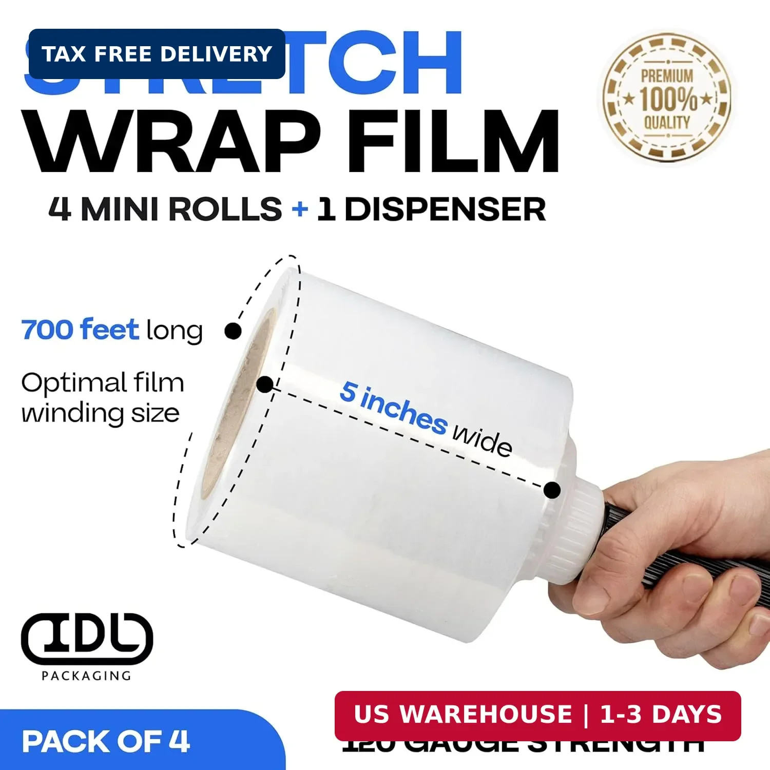 IDL Packaging 5″ Stretch Wrap Mini Roll, 700 feet, 120 Gauge (Pack of 4) with a