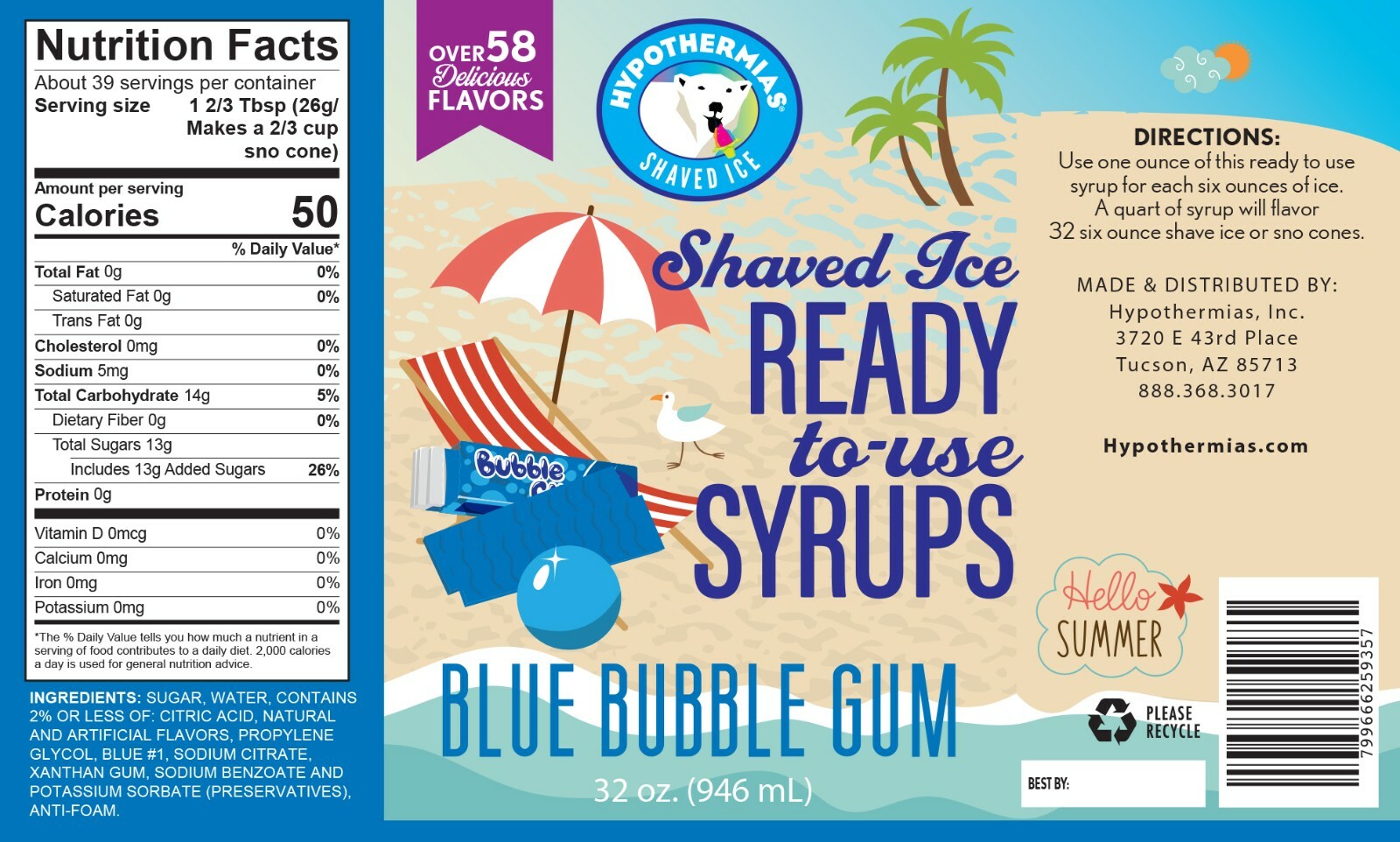 Hypothermias BLUE BUBBLE GUM Flavor Syrup ? Snow Cone machine Shaved Ice QUART