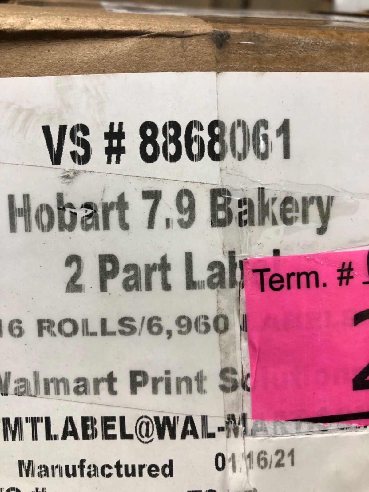 Hobart 7.9 Bakery Labels, 1 Case 16 Rolls, VS 8868061, 435/Roll, 3 in Core