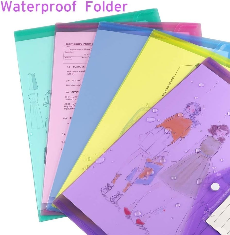12 Eco-Friendly Plastic Folders with Colorful Snap Closure and Labeling Pockets