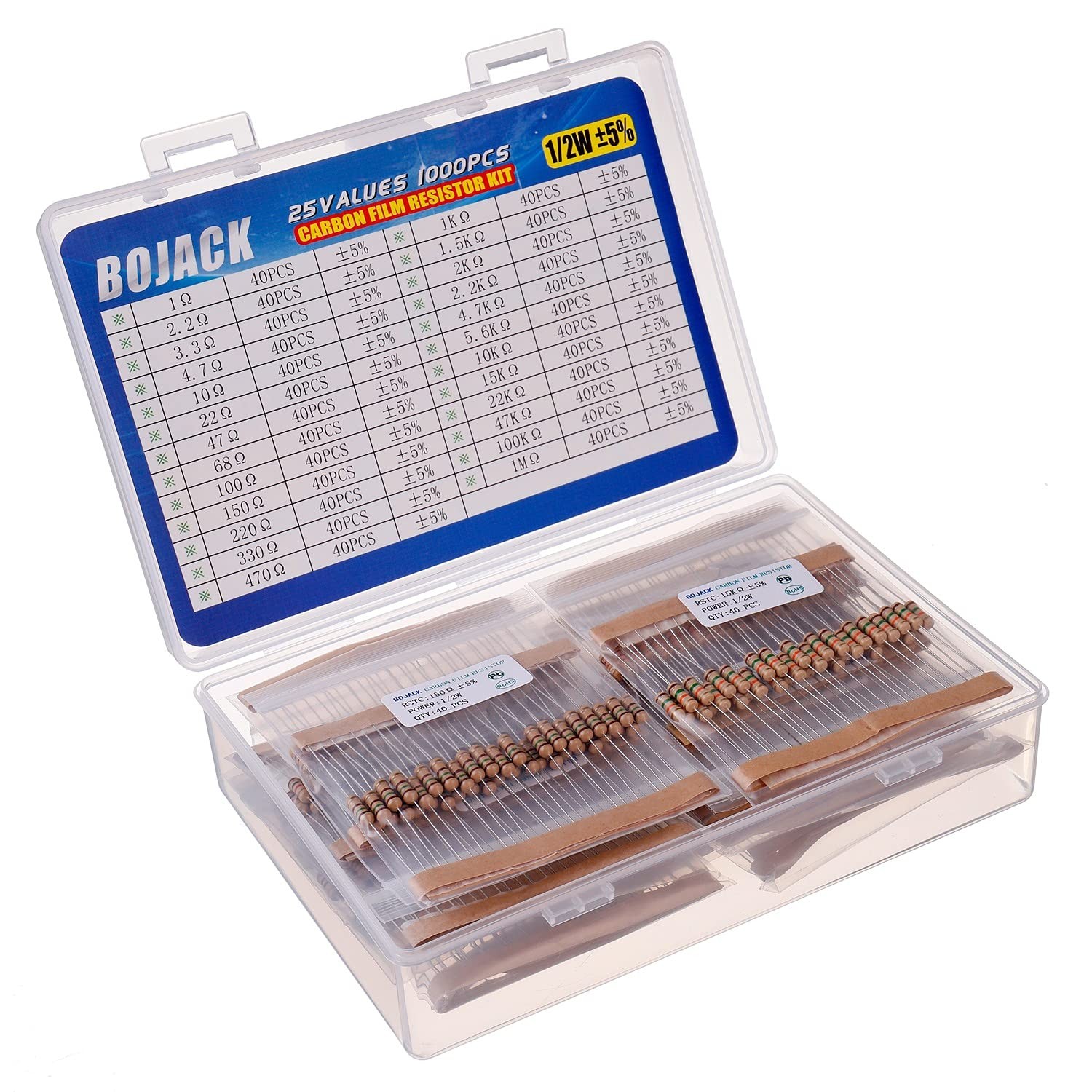 1000 Pieces 1/2 Watt Resistor Kit Assortment in Compartmentalized Storage Box