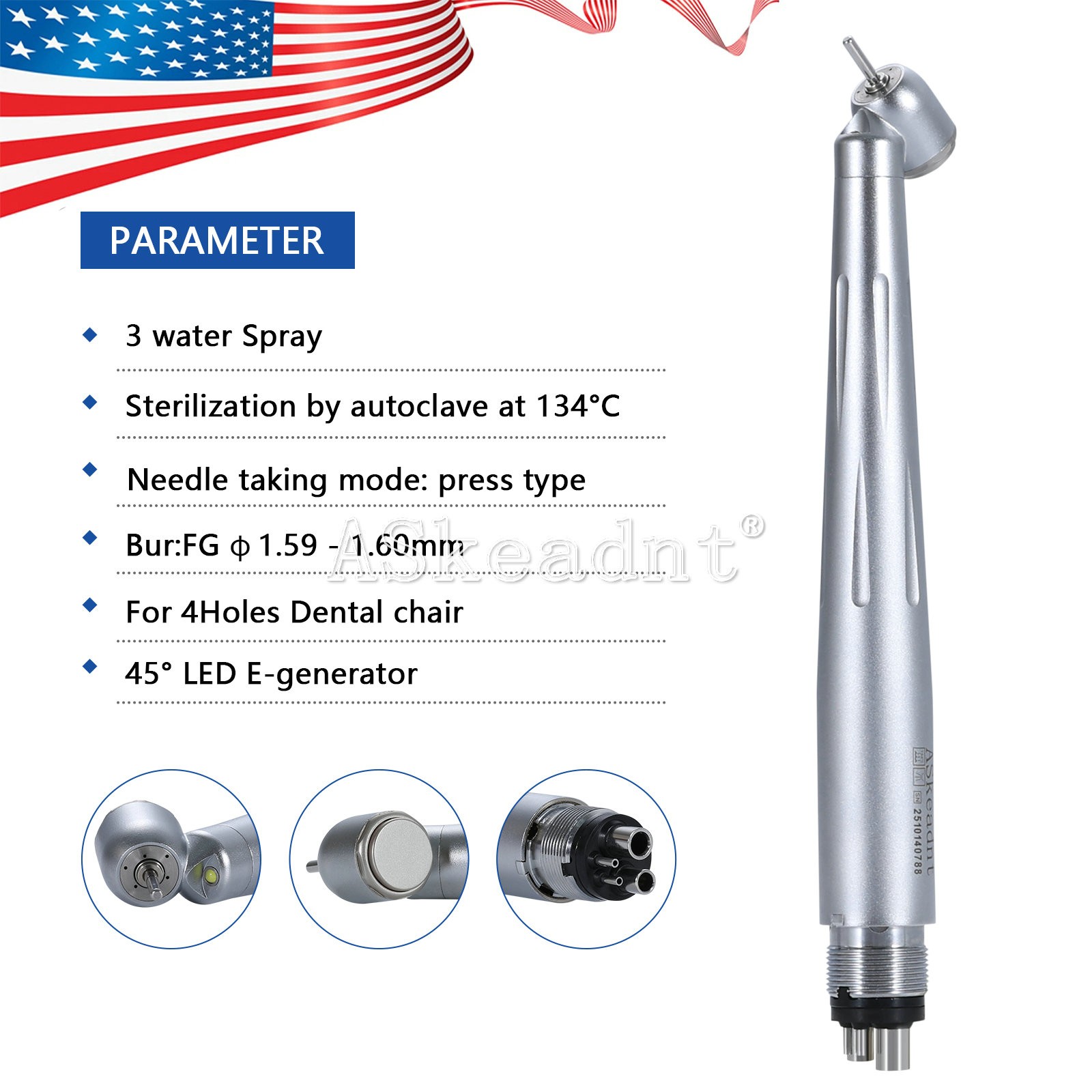 Dental 45 Degree 45° LED E-generator High Speed Handpiece 3 Spray 4 holes ASK