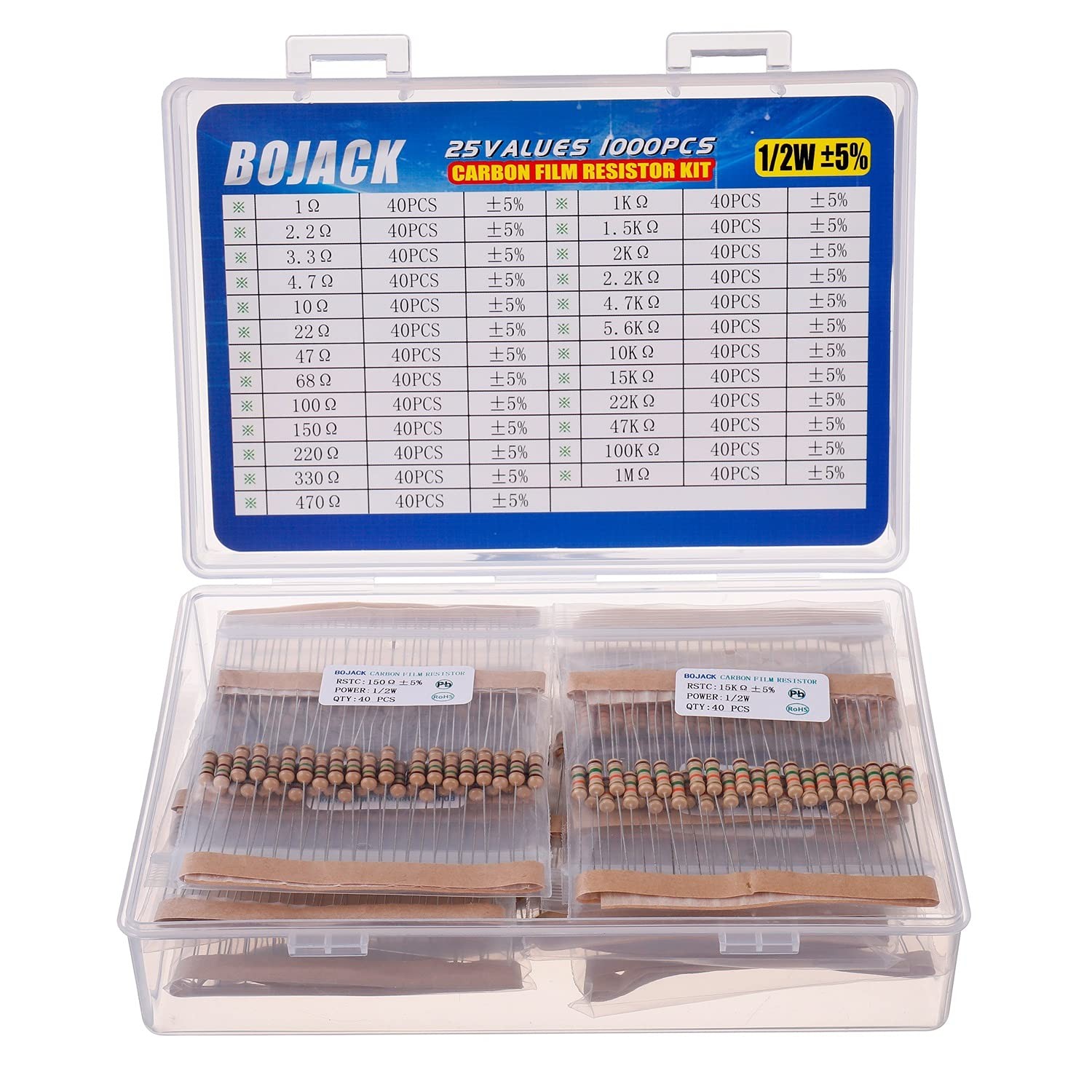 1000 Pieces 1/2 Watt Resistor Kit Assortment in Compartmentalized Storage Box