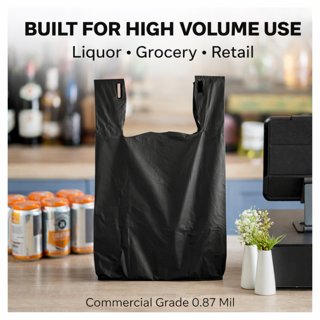 Bags 1/6 21 x 6.5 x 11.5 Heavy Duty .87 Mil BLACK T-Shirt Plastic Grocery Bags
