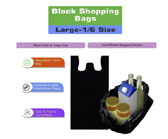 1/6 Black Plastic Shopping Bags, Grocery Bags 11x6x21 Reusable Carry Out Bags