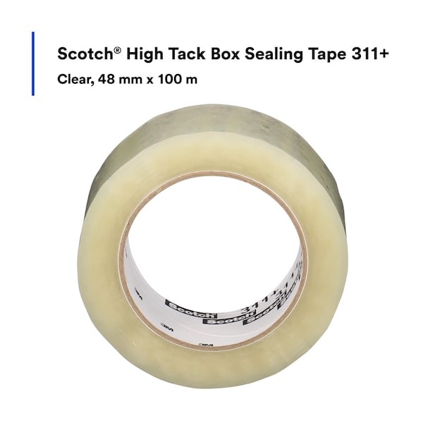 Scotch 311+ Carton Sealing Tape, 48 Mm W, 100 M L, 2 Mil Thick, Clear, Standard