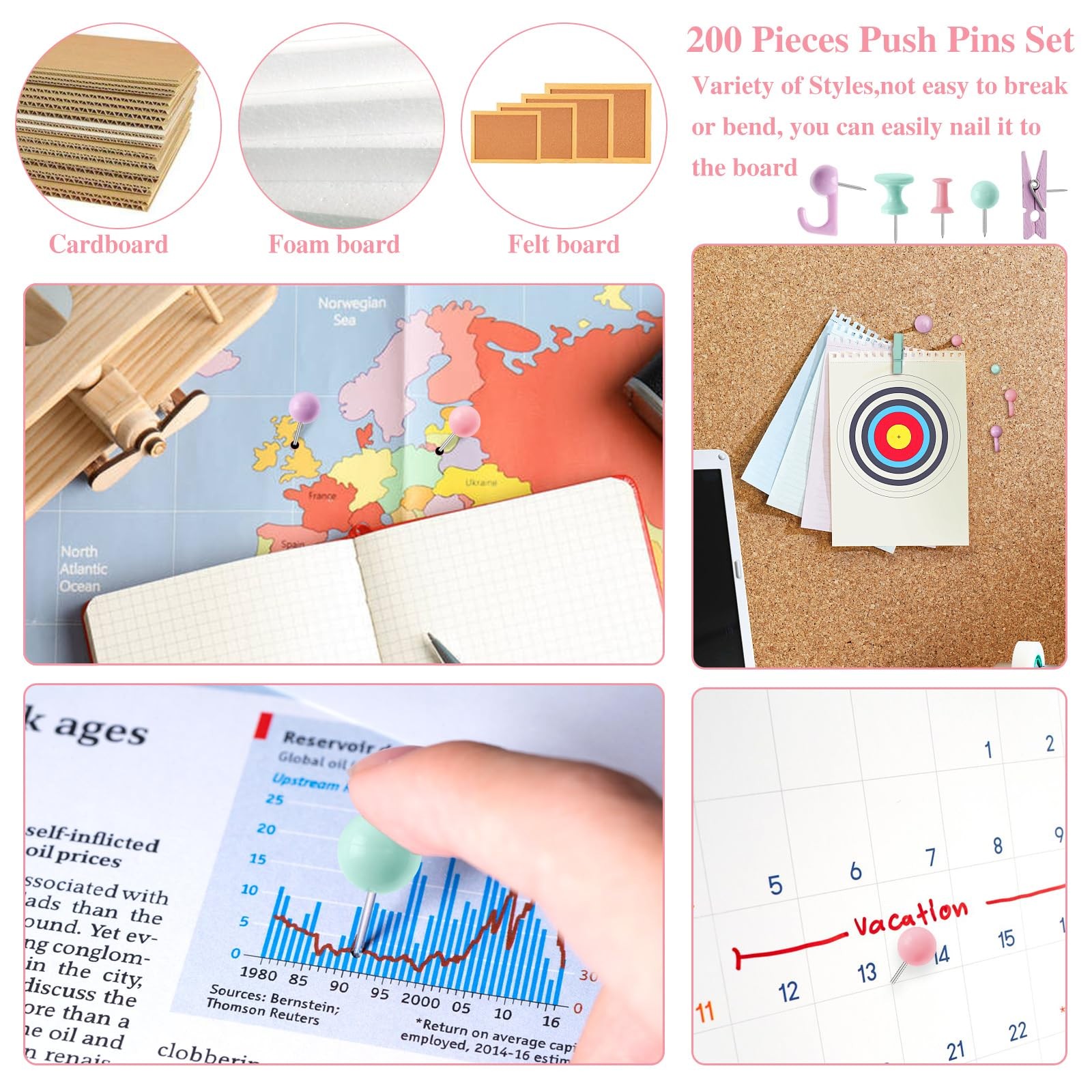 200 Pieces Push Pins Set, 5 Types Colorful Thumb Tacks Cute Decorative Push P…