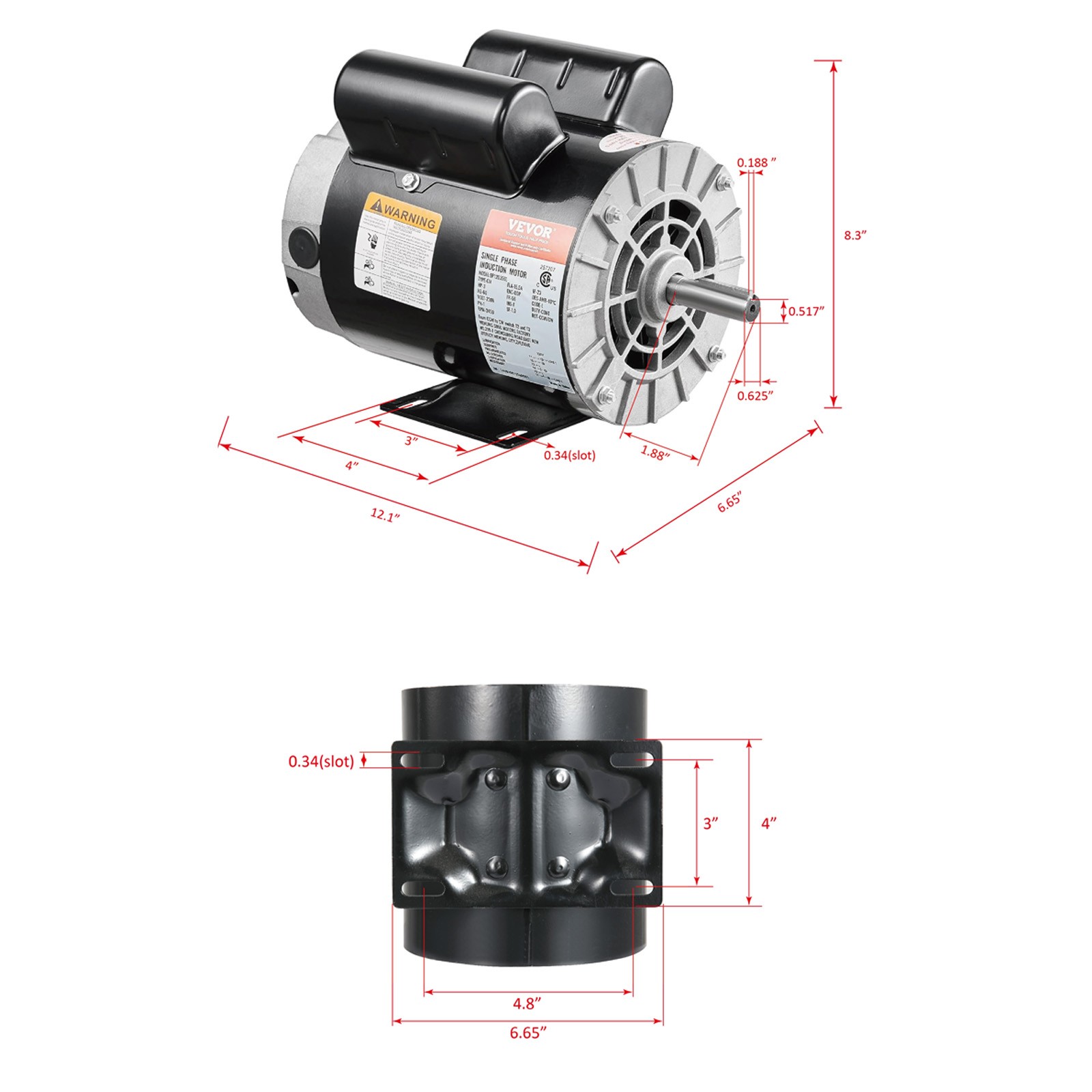 VEVOR 3HP Air Compressor Electric Motor 15.5A 3450RPM 56 Frame CW/CCW Rotation