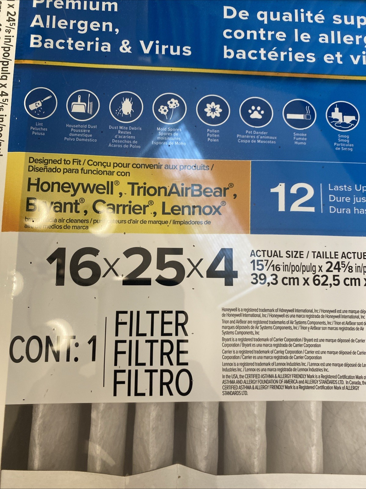 Filtrete 16x25x4 AC Furnace Air Filter MERV 13, MPR 1900 Premium Allergen 2 PACK