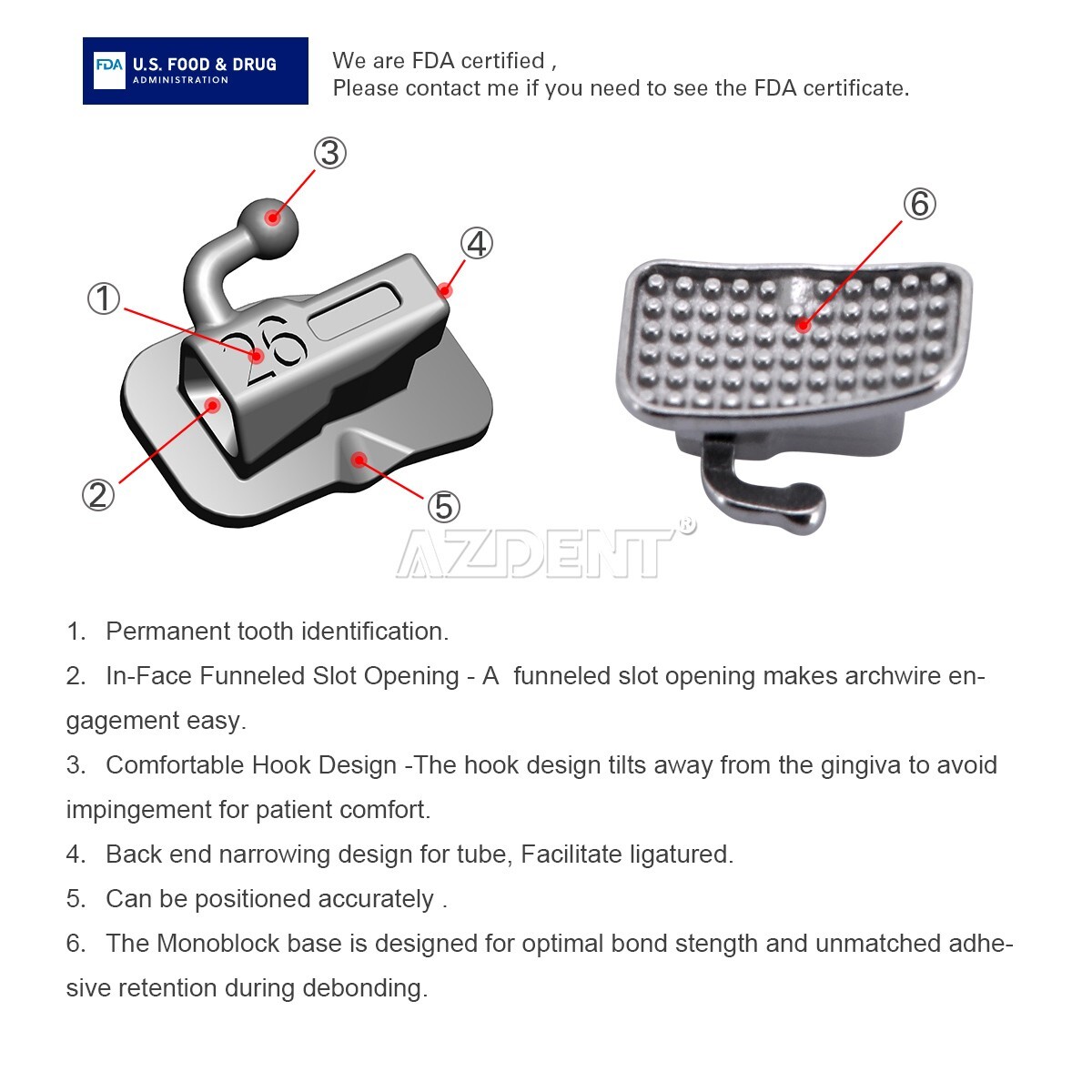 AZDENT Dental Orthodontic Brackets Braces Metal Mini Roth/MBT.022 Hook 3 4 5 USA