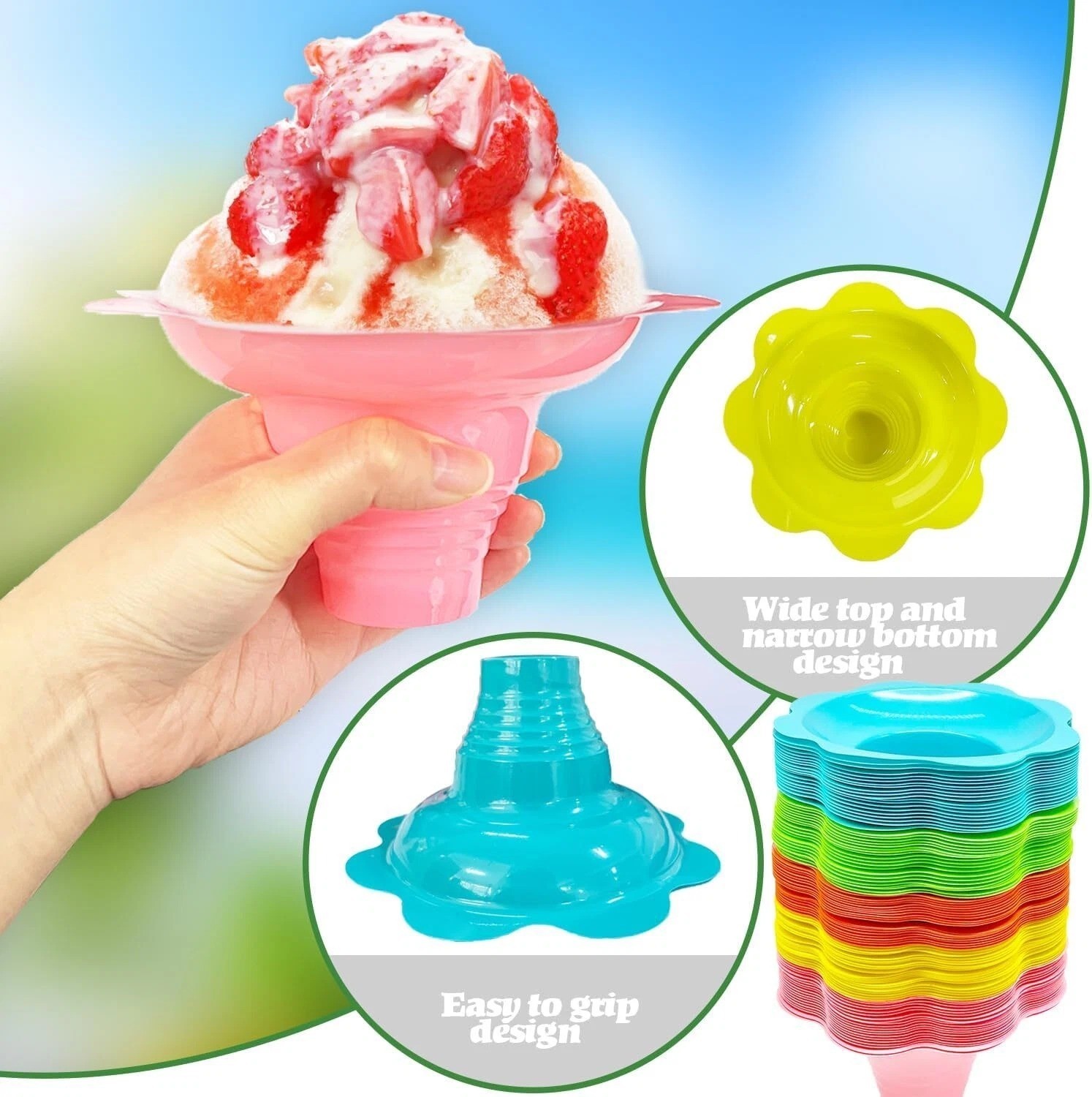 100 PCS Snow Cone Cups Flower Shaped Shaved Ice Cups4 OZ Plastic Snow Cone Bowls