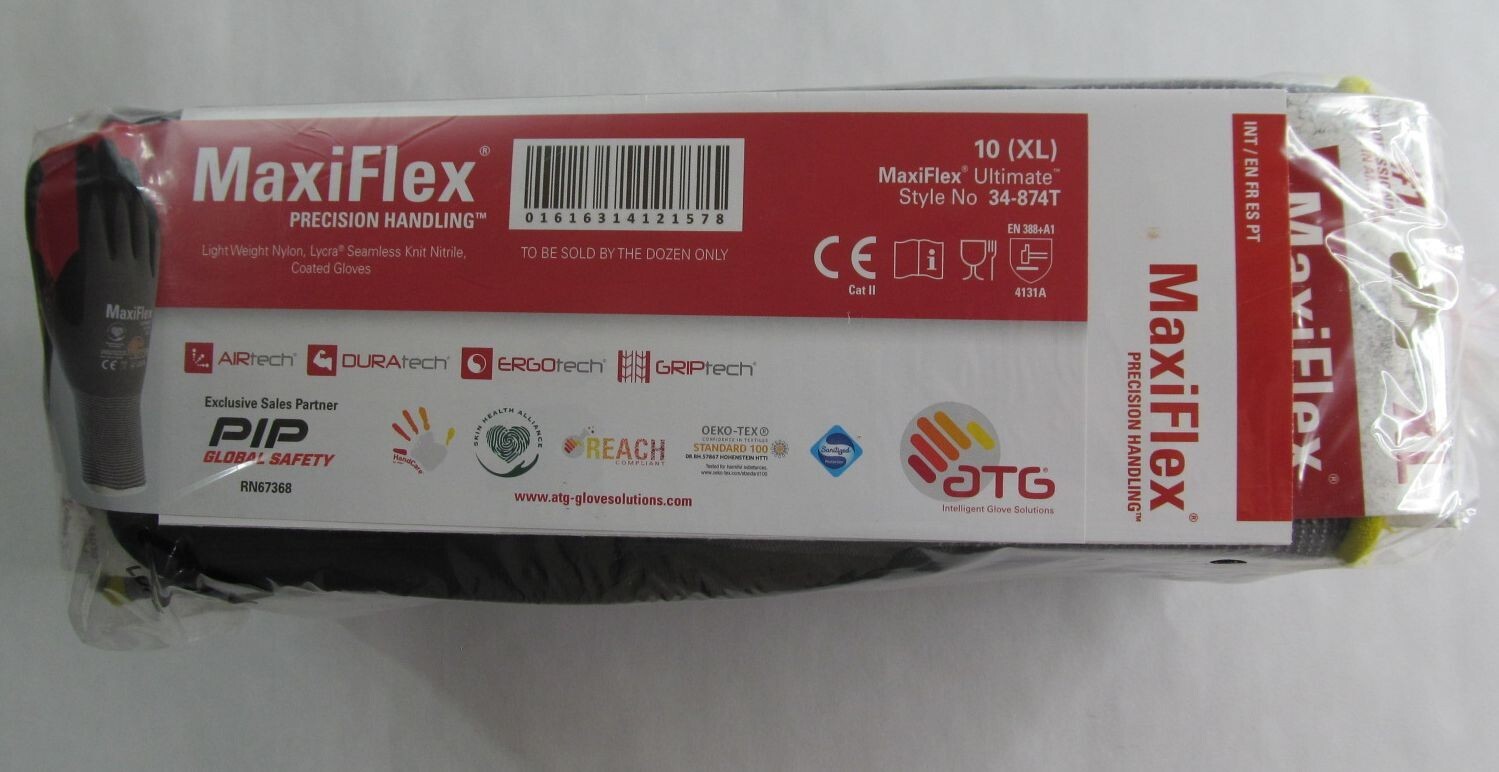12 PAIRS MAXIFLEX 34-874T ULTIMATE NITRILE GRIP COATED WORK GLOVES SIZE 10 (XL)