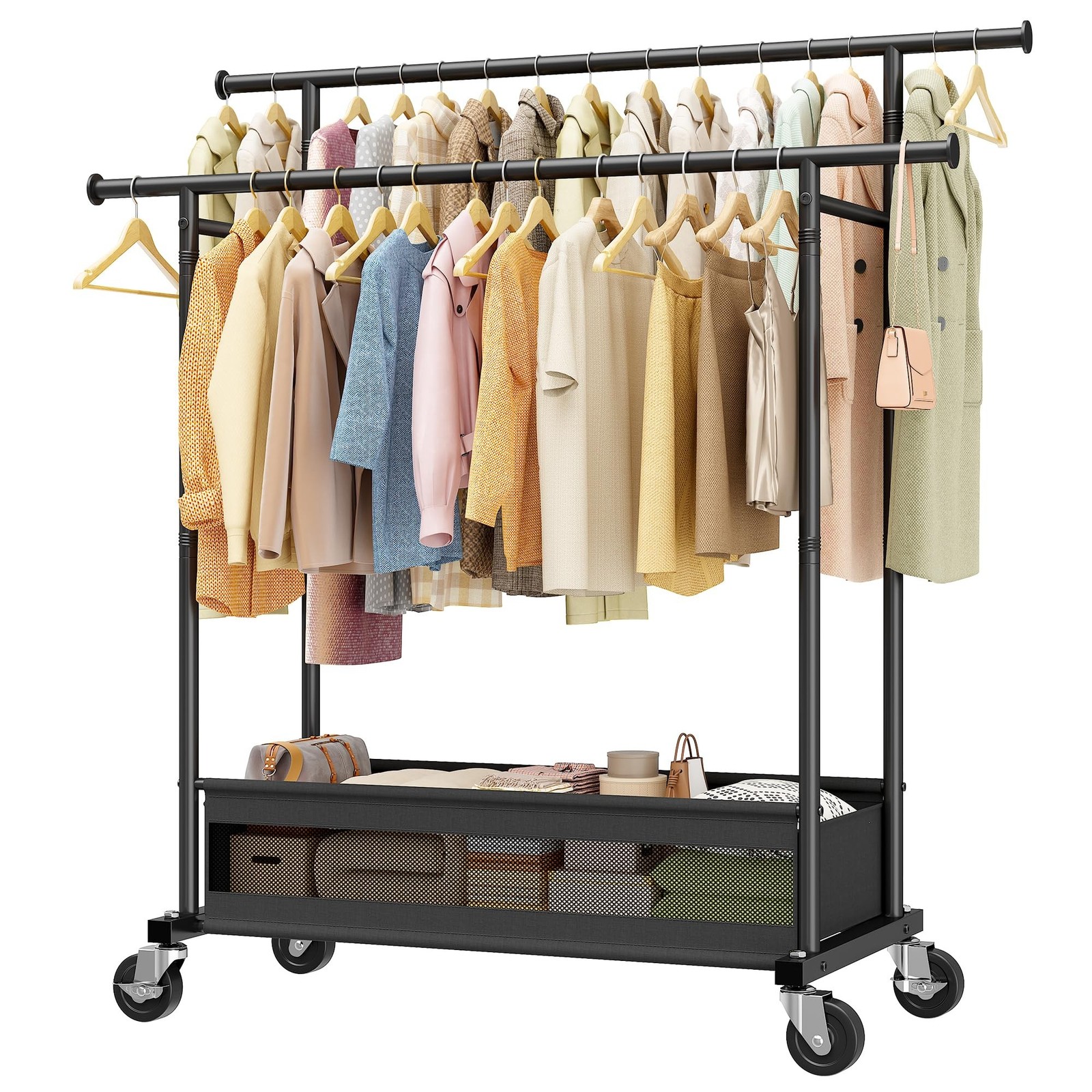Clothes Rack, Double Rod, 210 LBS, Storage Basket, Black | Rolling Garment Ra…