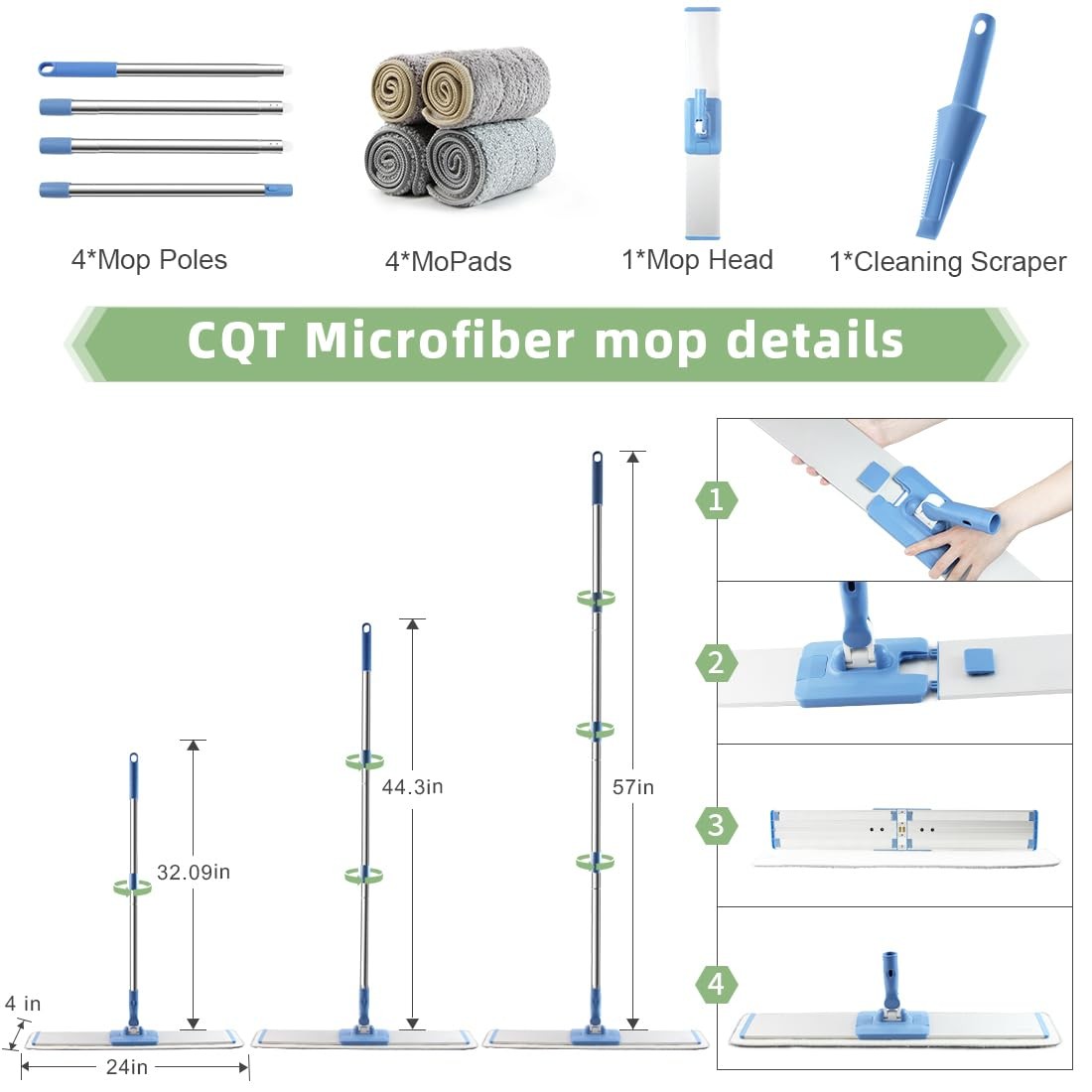 CQT Commercial Flat Microfiber Floor Mop Cleaning System 24″ Inch Wet Blue