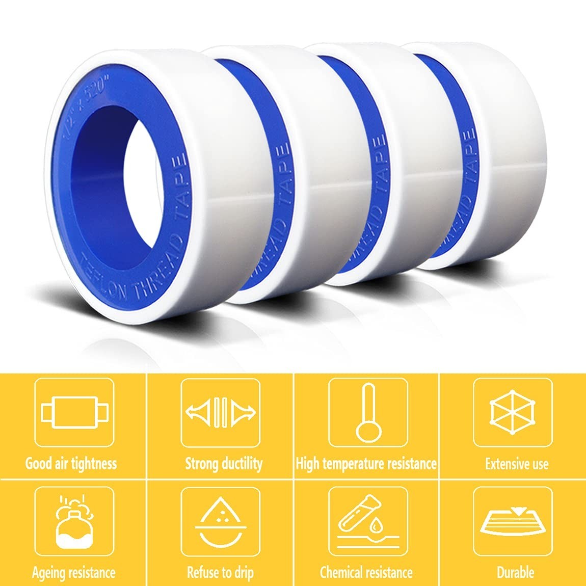 4 Rolls 1/2 Inch(W) X 520 Inches(L) Teflon Plumbers Tape,Pipe Sealing & Plumbing