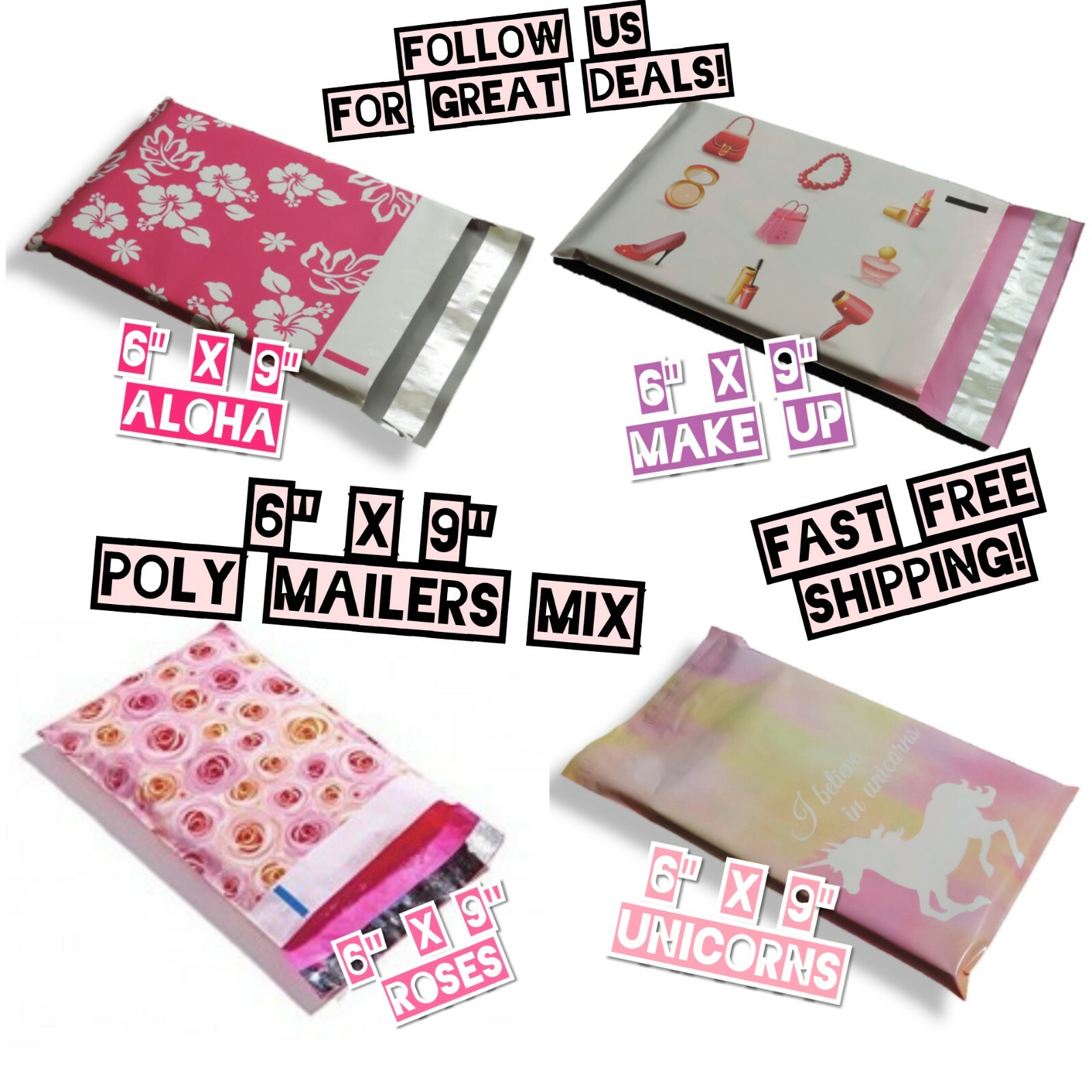 Aloha, Make Up, Rose & Unicorn 6×9 Mix Design Poly Mailers Shipping Envelopes