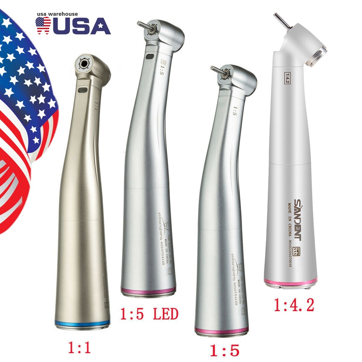 Dental 1:1 /1:4.2/1:5 LED Fiber Optic Contra Angle Handpeice Push Button Fit NSK