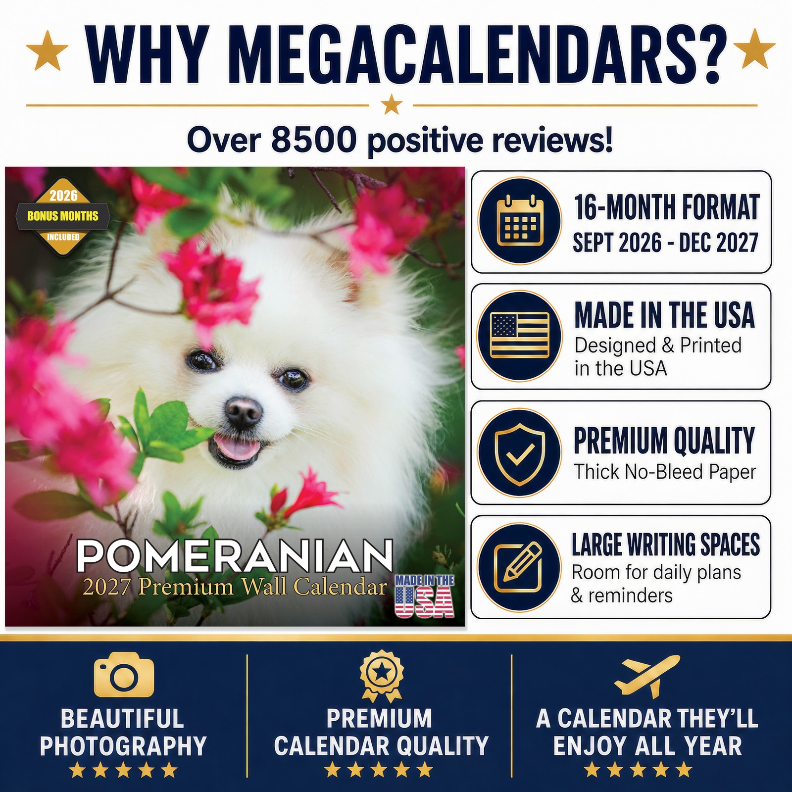 Pomeranian Dog Breed Calendar 2025 FULL SIZE 12×24 Made in USA