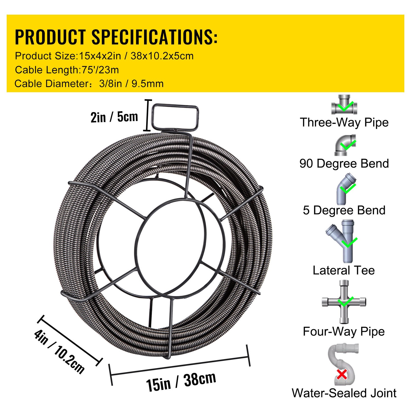 VEVOR Drain Cable Sewer Cable 75Ft 3/8In Drain Cleaning Cable Auger Snake Pipe