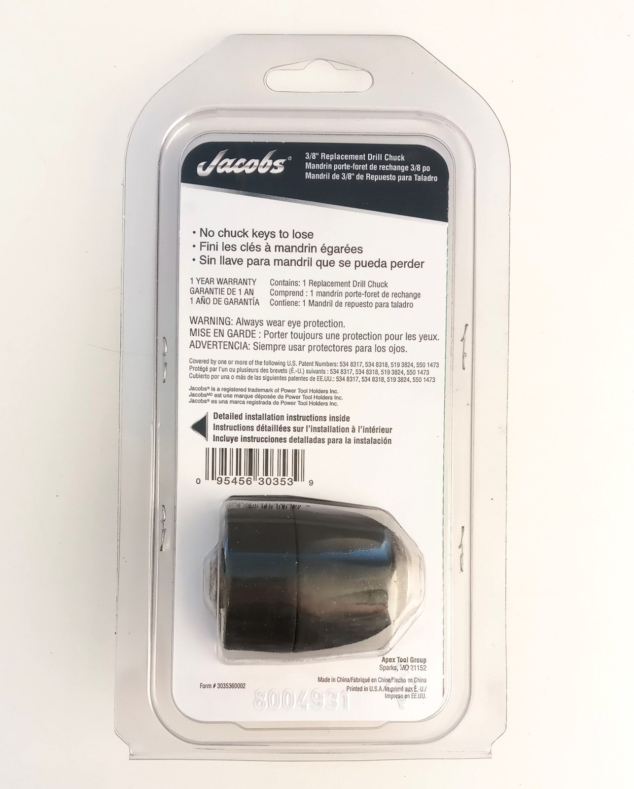 Jacobs 30353 Keyless Drill Chuck 3/8″ 10mm 3/8-24 Mount