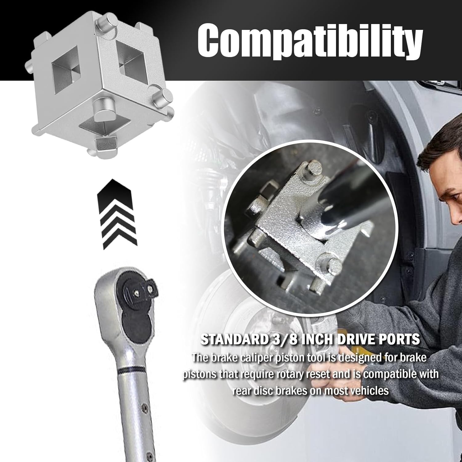 3/8″ Drive Brake Caliper Compression Tool 6-Face Car Rear Brake Caliper Tool Kit